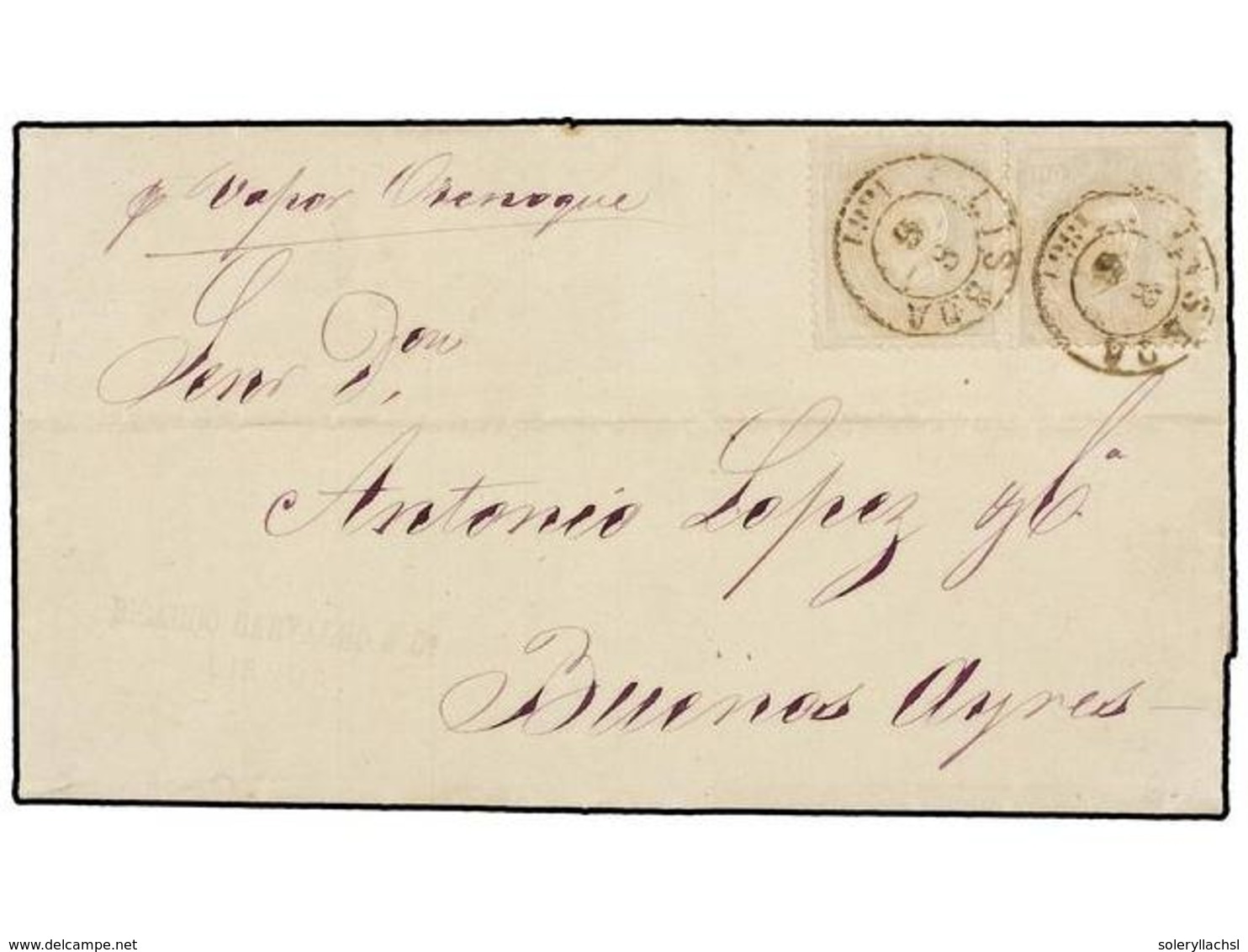PORTUGAL. Af.43. 1881. LISBOA To BUENOS AIRES. Complete Letter Franked By A Pair 100 Reis Grey Tied By LISBOA Cds. Very  - Altri & Non Classificati