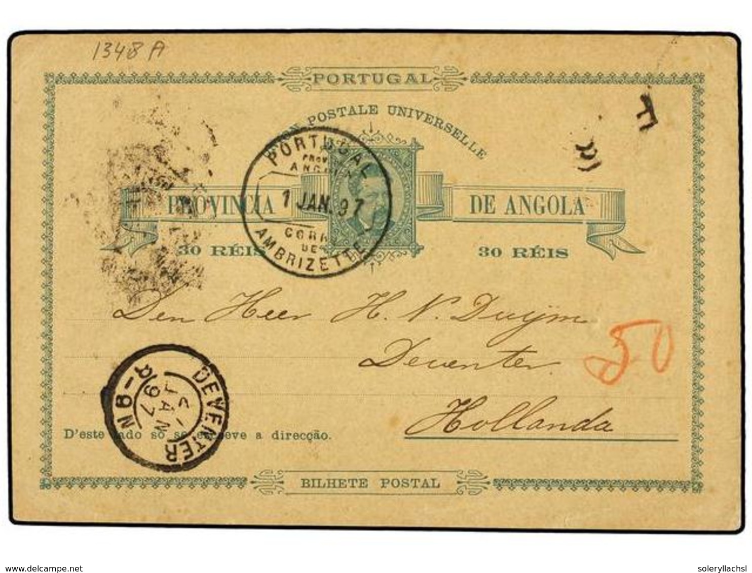 ANGOLA. 1897. AMBRIZETTE A HOLANDA. Entero Postal De 30 Reis, Llegada En El Frente. - Sonstige & Ohne Zuordnung