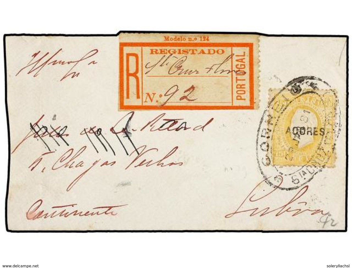 PORTUGAL: AZORES. Mu.44. 1881. SANTA CRUZ FLORES A LISBOA. 150 Reis Amarillo, Carta Certificada. Muy Raro Sello En Carta - Andere & Zonder Classificatie