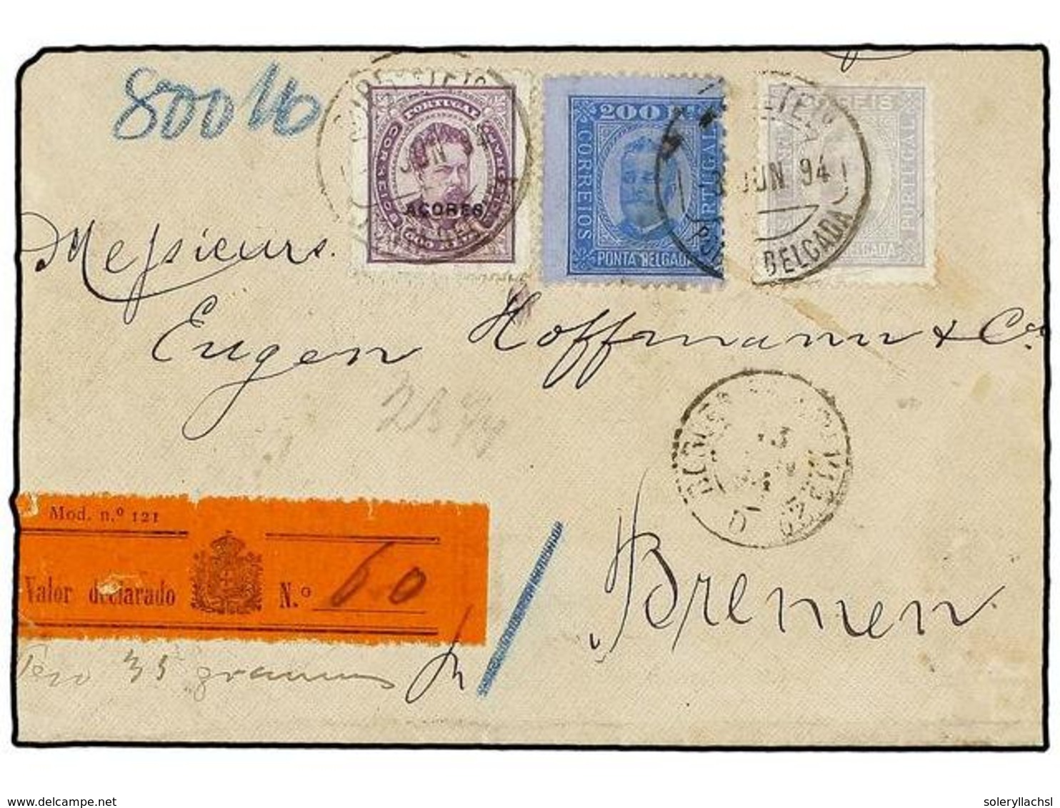PORTUGAL: AZORES. Sc.4, 11. 1894 (June). Large Part Value Declared Cover To BREMEN (part Of Reverse And Side Flaps Missi - Sonstige & Ohne Zuordnung