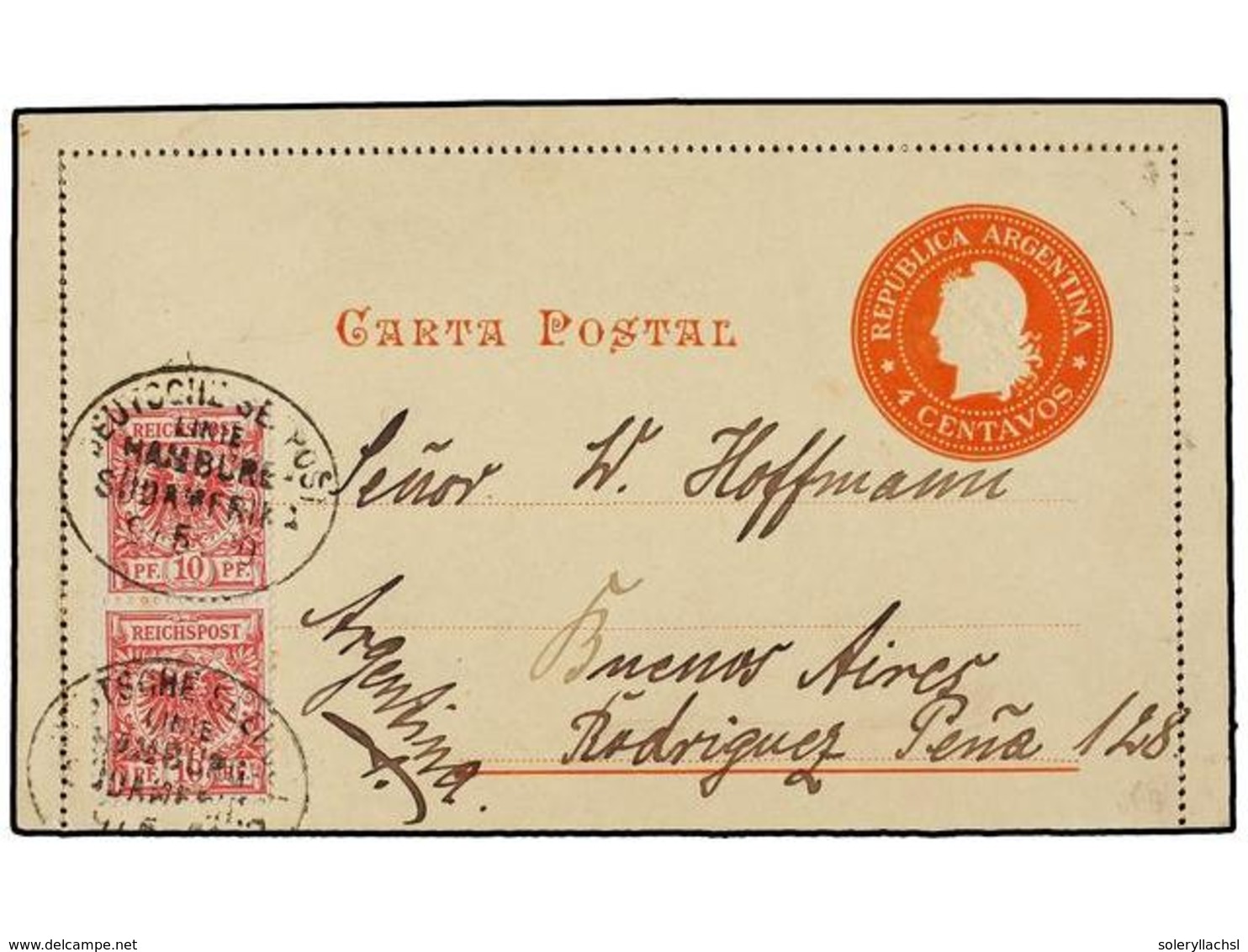 CABO VERDE. 1900. S. VICENTE A ALEMANIA. Entero Postal Argentino De 4 Ctvos. Con Sellos Alemanes De 10 Pf. Rojo (2). Mat - Otros & Sin Clasificación