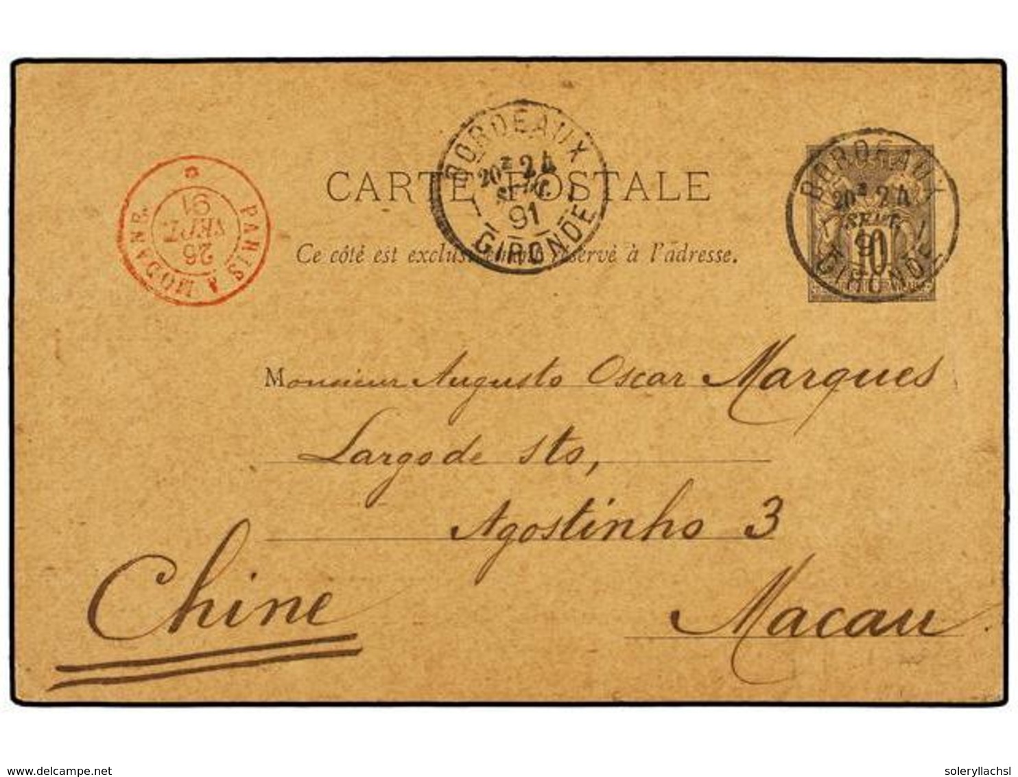 MACAO. 1891. BORDEAUX A MACAO (China). Entero Postal De 10 Cts. Negro, Al Dorso Tránsito SINGAPORE/TO HONG-KONG Y Llegad - Altri & Non Classificati