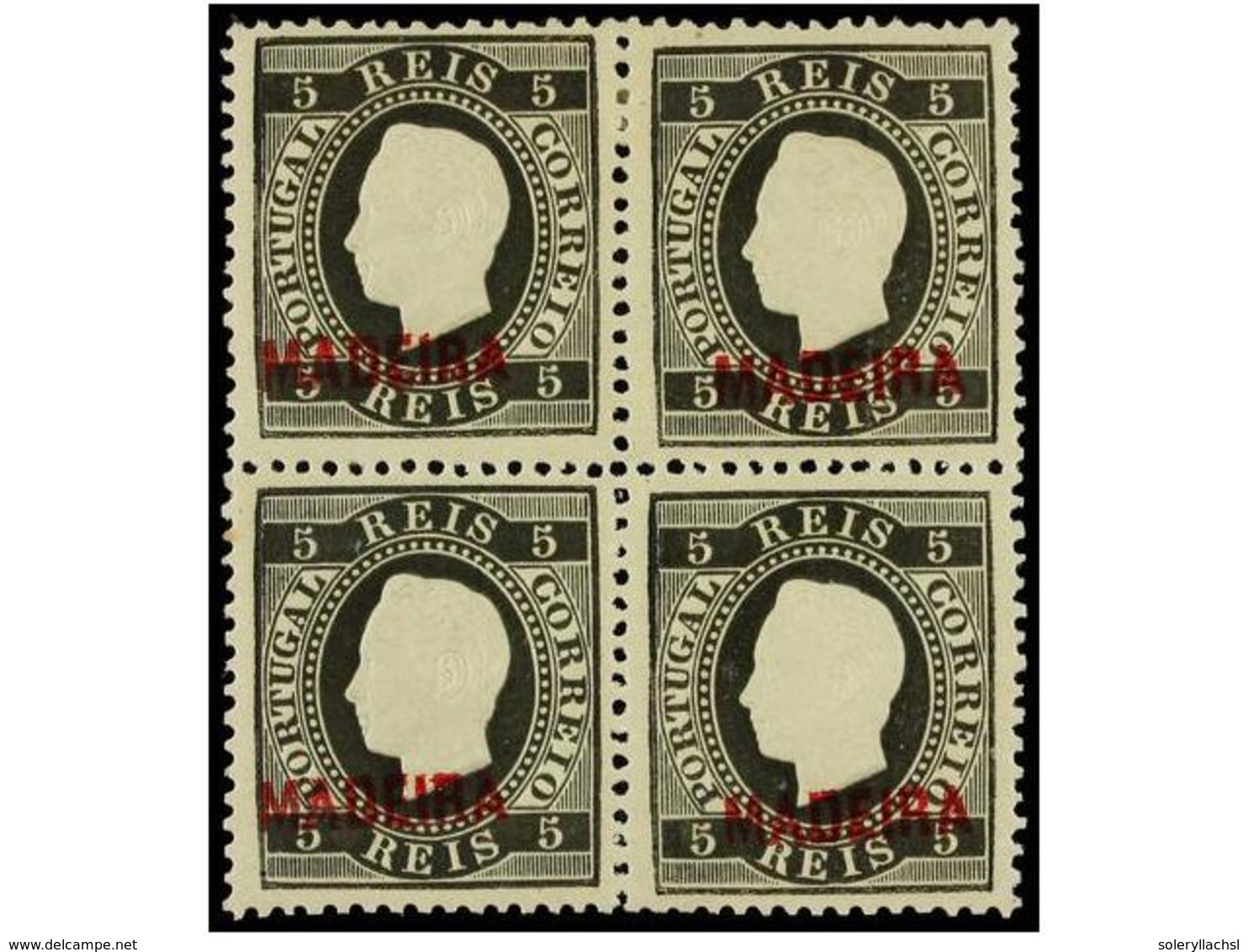 **/* PORTUGAL: MADEIRA. Af.14. 1871-76. 5 Reis Negro. Bloque De Cuatro. MAGNÍFICO. Cert. A.C.D.P. - Andere & Zonder Classificatie