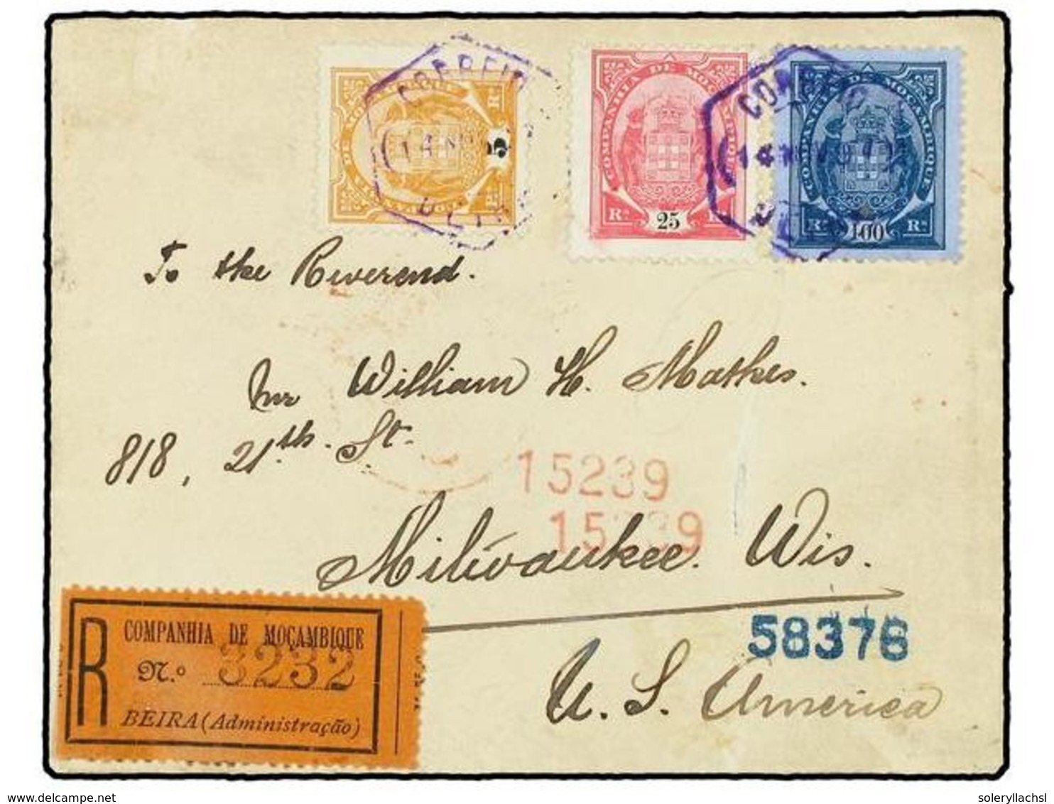 MOZAMBIQUE. 1907 (Nov 14). Registered Cover To USA Franked By 1895-1907 5r. Orange, 25r. Carmine And 100r. Blue On Blued - Altri & Non Classificati