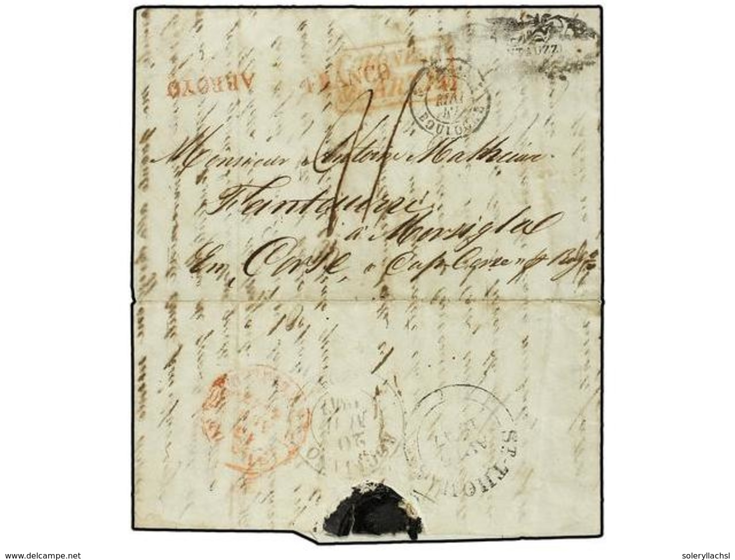 PUERTO RICO. 1847 (10 Abril). GUAYAMA A ROGLIANO (Isla De Corcega, Francia). Marca ARROYO Y FRANCO En Rojo. Circulada Po - Altri & Non Classificati