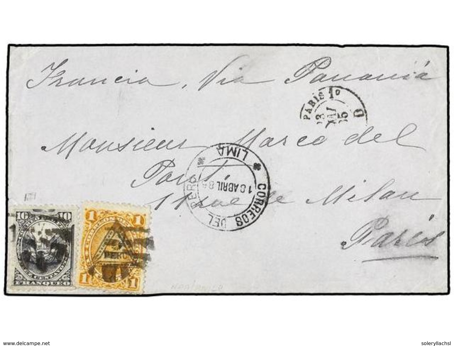 PERU. 1885. LIMA A PARÍS. 1 Ctvo. Amarillo Habilitado Y Sello De 10 Ctvos. Gris. - Sonstige & Ohne Zuordnung