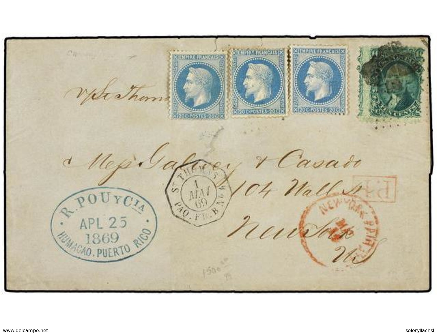 PUERTO RICO. 1869 (April 25). Cover From HUMACAO To NEW YORK Endorsed 'via St. Thomas' Bearing USA 1861/67 10c. Green, V - Altri & Non Classificati
