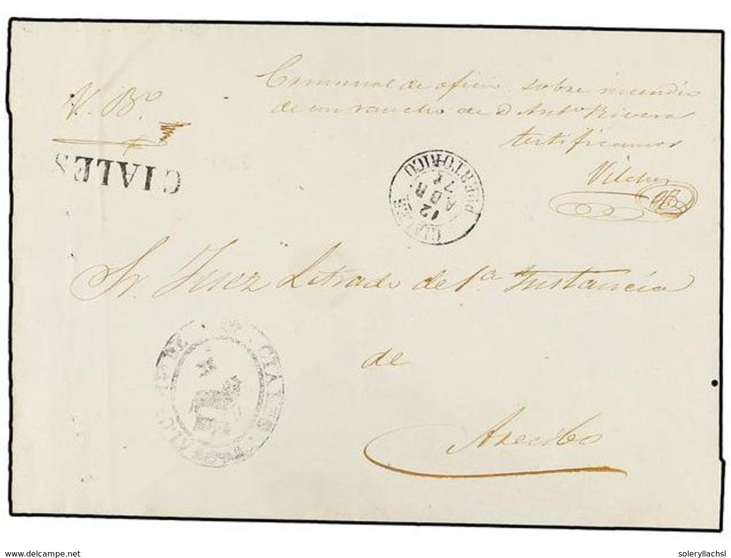 PUERTO RICO. 1871. CIALES A ARECIBO. Fechador CIALES/PUERTO RICO Y Marca Prefilatélica CIALES. MAGNÍFICA. - Altri & Non Classificati