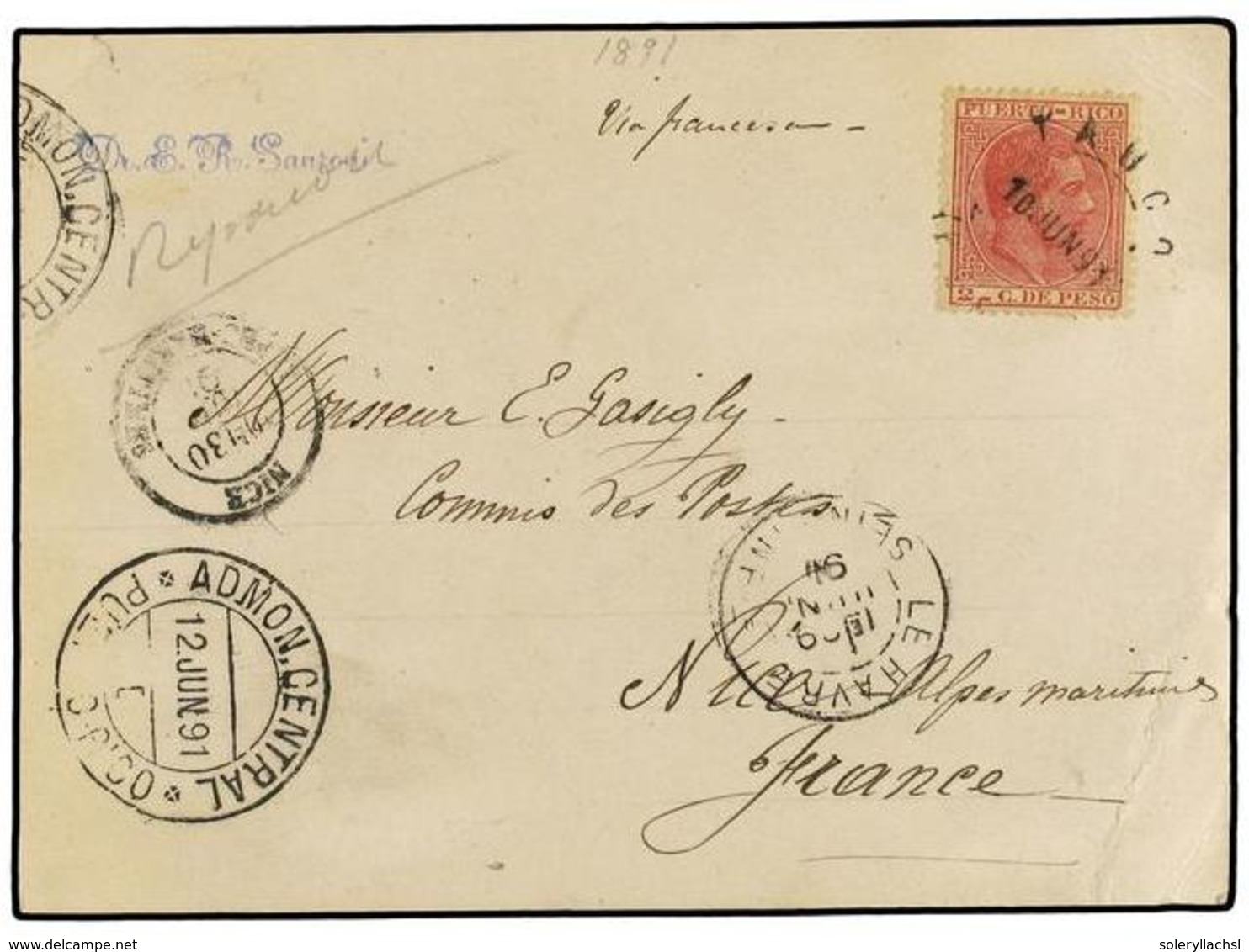 PUERTO RICO. 1891. TARJETA POSTAL De Origen Privado (del Dr. E.R. Santoni) Circulada De YAUCO A FRANCIA Con Sello De 2 C - Sonstige & Ohne Zuordnung