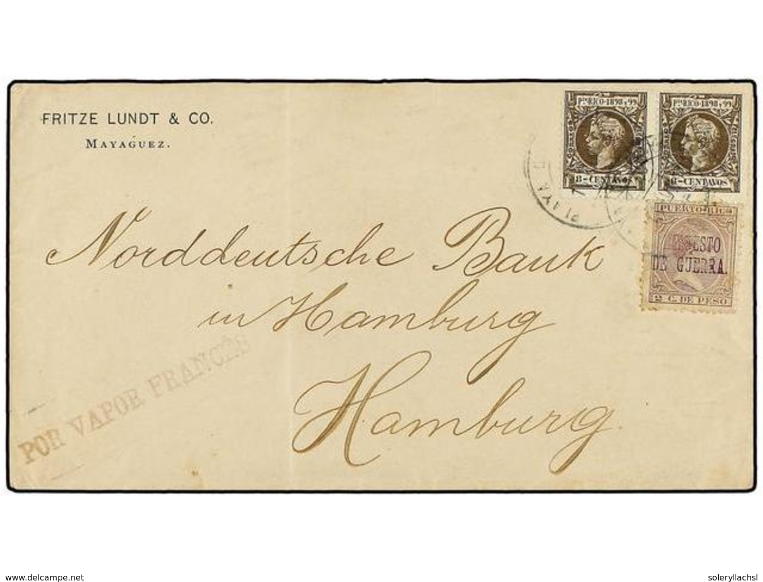 PUERTO RICO. Ed.141 (2) + IG3. 1898. GUERRA ESPAÑA-USA. MAYAGUEZ A HAMBURGO. 8 Cts. Castaño (2) Y Sello De  2 Cts. Viole - Otros & Sin Clasificación