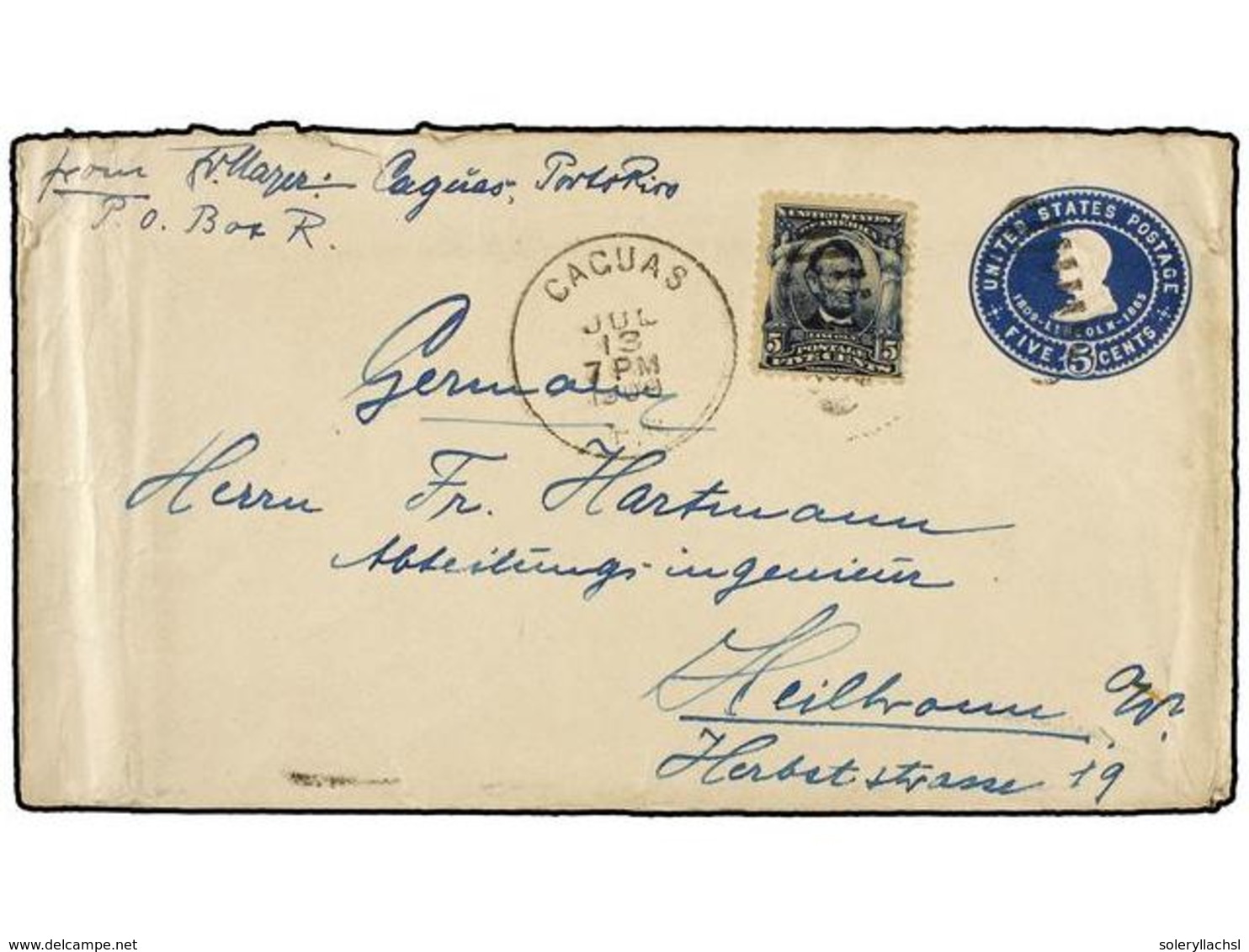 PUERTO RICO. 1909. CAGUAS A ALEMANIA. Entero Postal USA De 3 Ctvos. Azul Con Franqueo Adicional De 5 Ctvos. Azul. - Sonstige & Ohne Zuordnung