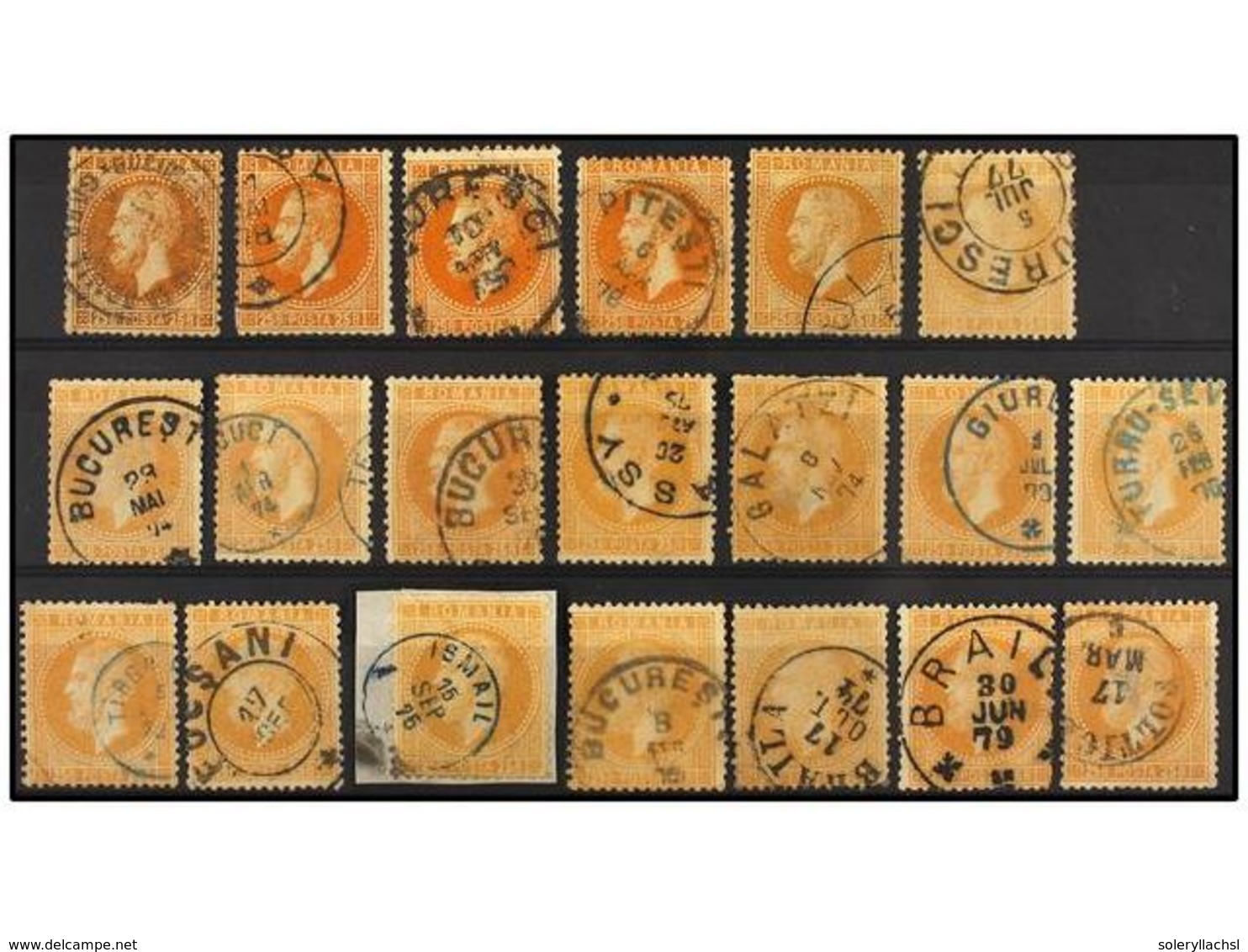 ° RUMANIA. Mi.41a, 41b. 1872. 25 Bani Orange. 22 Stamps, Nice Cancellations. Michel.500€. - Altri & Non Classificati