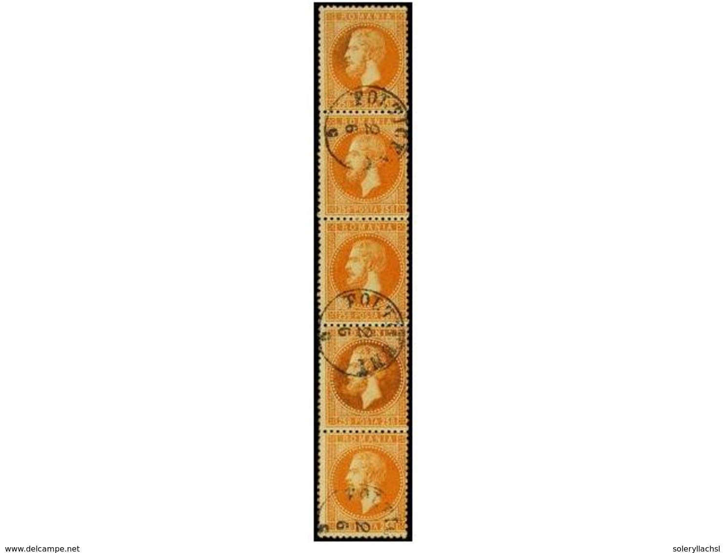 ° RUMANIA. Mi.41b (5). 1872. 25 Bani Orange, Vertical Strip Of Five With FOLTICENI Small Cds. Very Fine. - Sonstige & Ohne Zuordnung