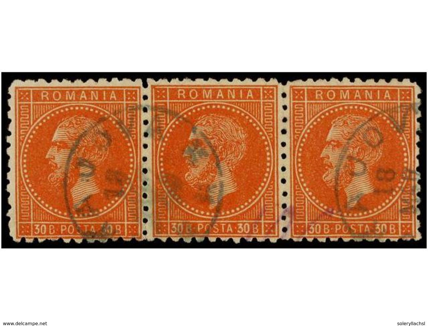 ° RUMANIA. Mi.47 (3). 1876. 30 Bani Orange, Strip Of Three, Fine Used. Scarce Multiple. Michel.+180€. - Altri & Non Classificati