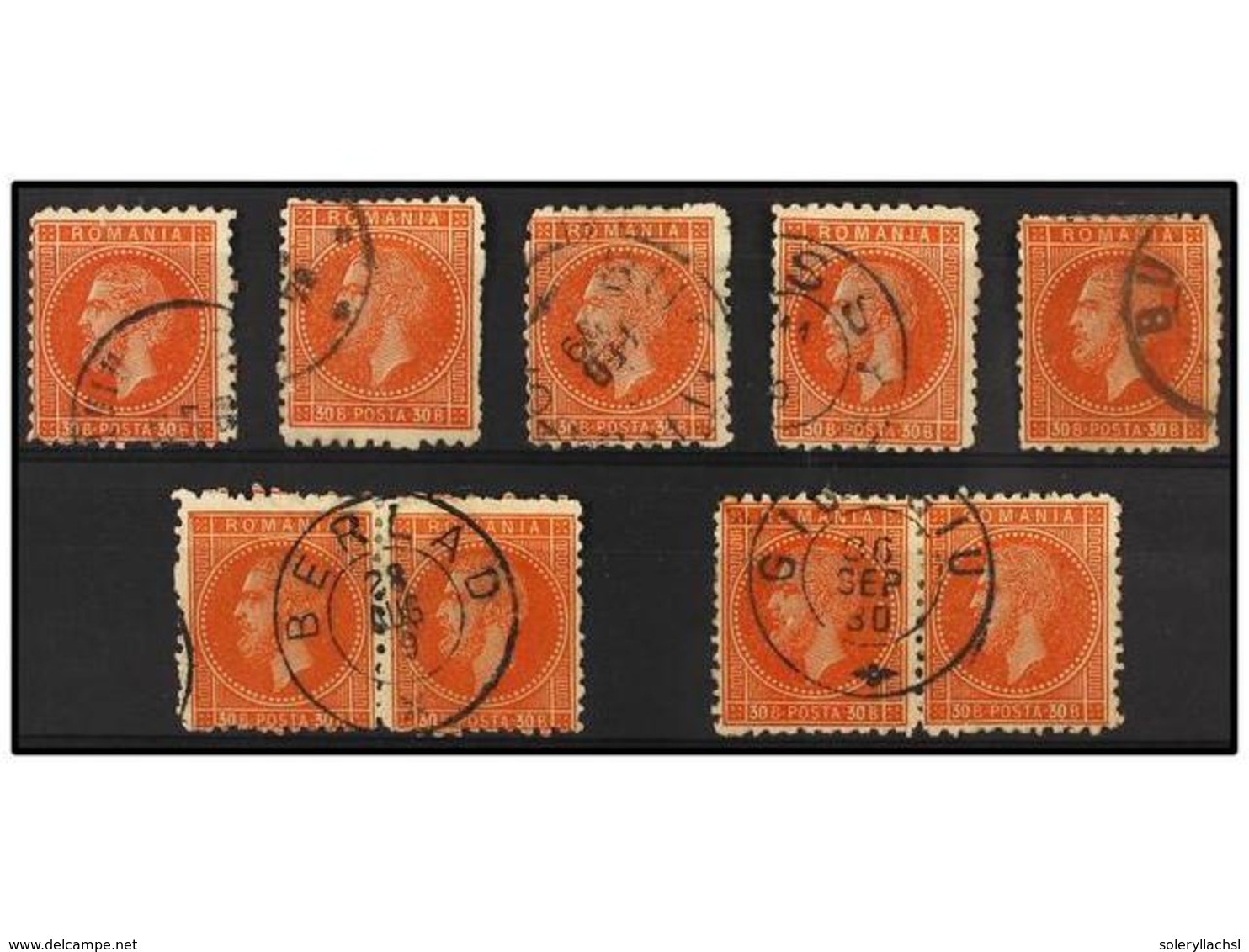 ° RUMANIA. Mi.47 (9). 1876. 30 Bani Orange. Lot With 5 Stamps And 2 Pairs, Nice Cancels. Michel.+540€. - Altri & Non Classificati