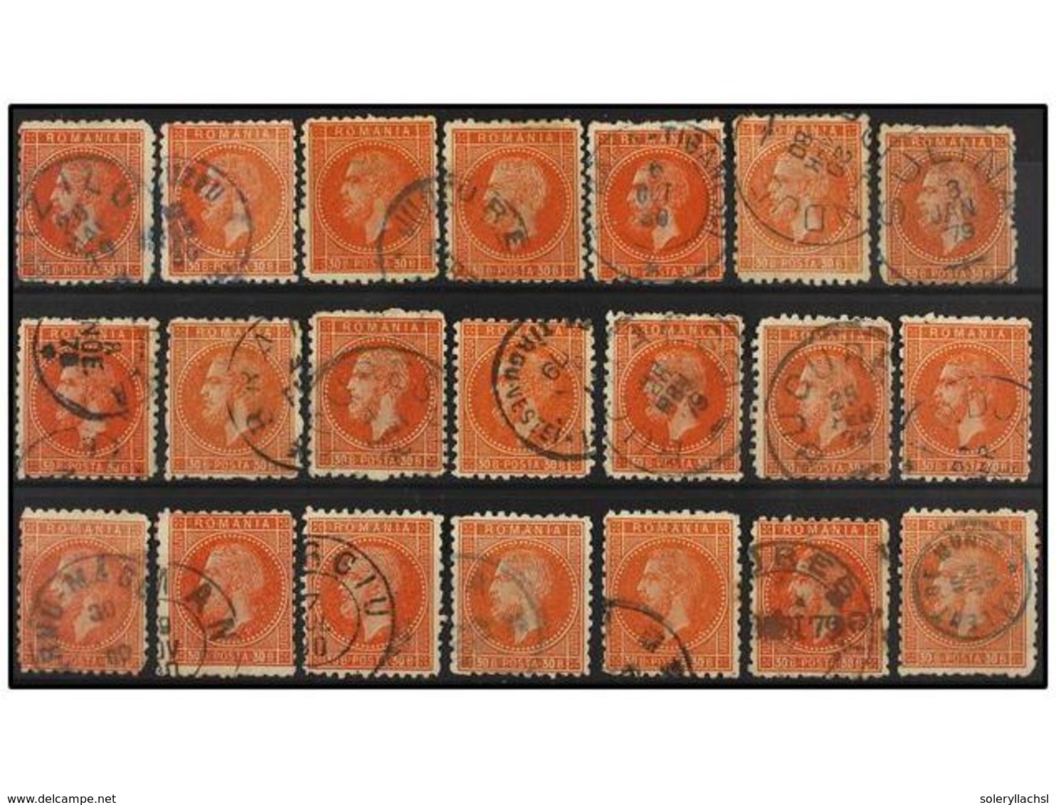 ° RUMANIA. Mi.47 (21). 1876. 30 Bani Orange Red. Lot With 21 Stamps, Nice Cancels. Michel.1.260€. - Sonstige & Ohne Zuordnung