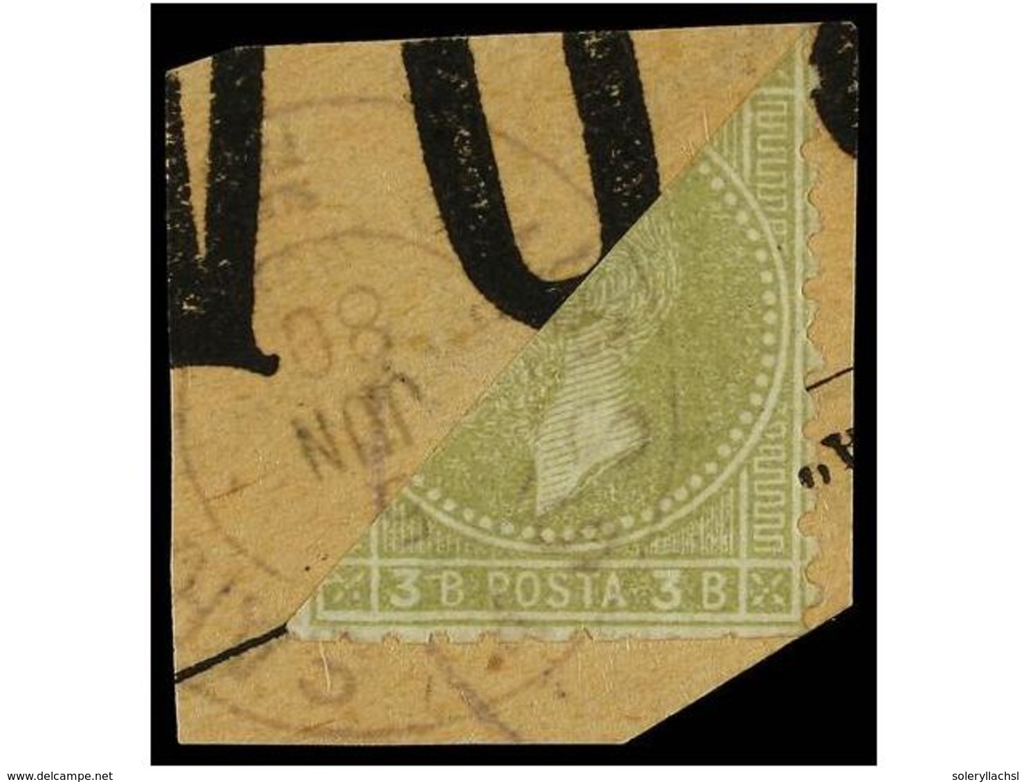 RUMANIA. Mi.49. 1880. 3 Bani Olivegreem Bisected On Piece Of Newspaper, Paying The 1 1/2 Bani Rate. Rare. - Sonstige & Ohne Zuordnung