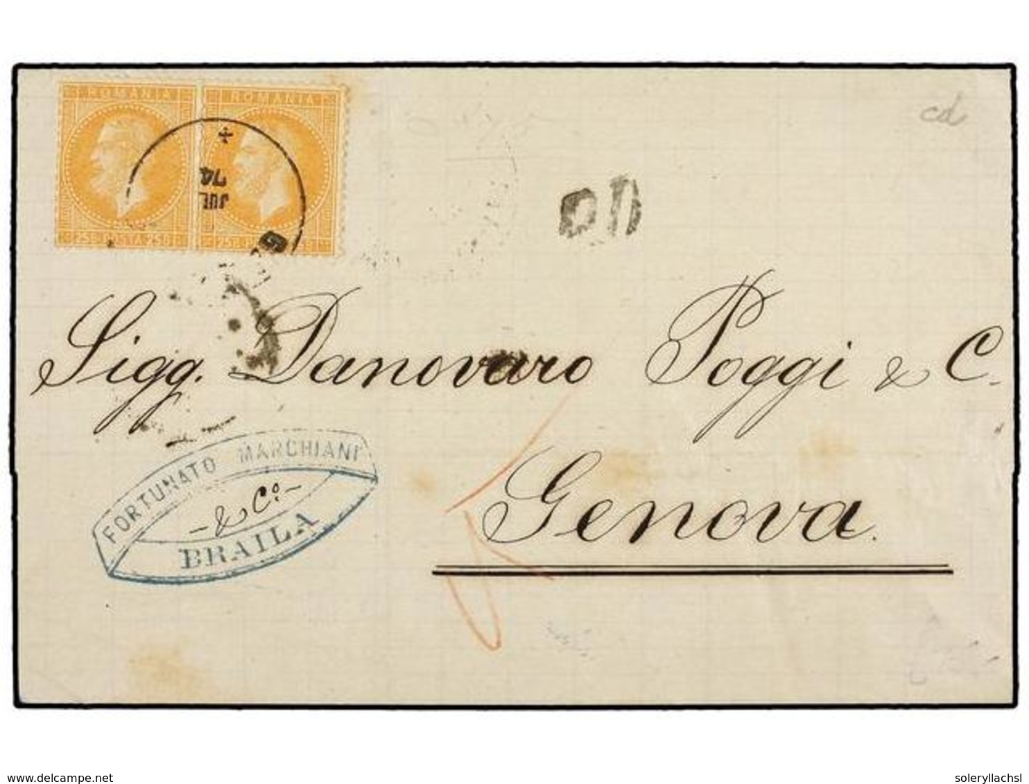 RUMANIA. Mi.41 (2). 1874. BRAILA To GENOVA. 25 Bani Orange (2). Arrival On Back. Fine. - Sonstige & Ohne Zuordnung