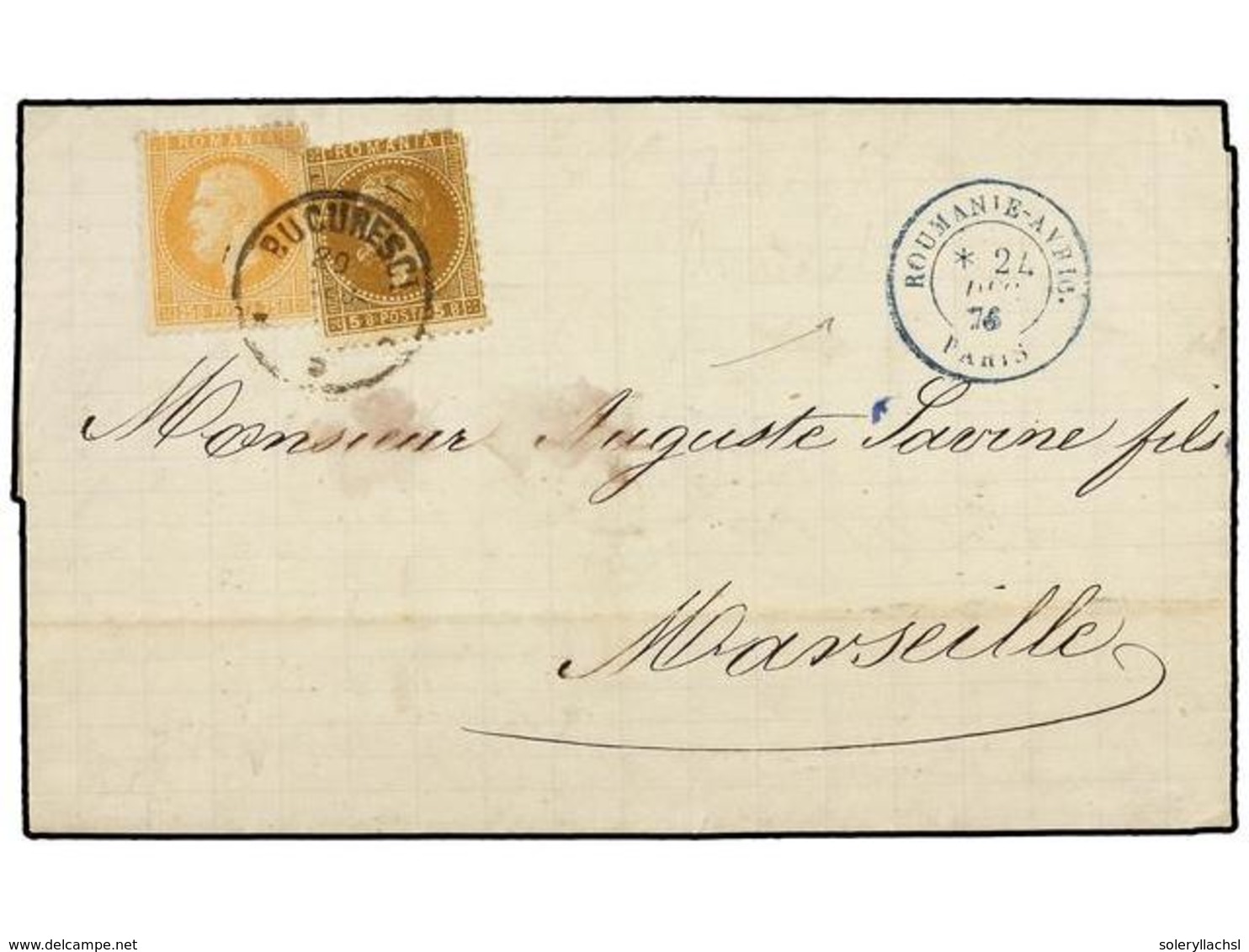 RUMANIA. Mi.41, 44. 1876. BUCAREST To MARSEILLE. 5 Bani Bistre And 25 Bani Orange, Mixed Franking With 1872 And 1876 Iss - Sonstige & Ohne Zuordnung