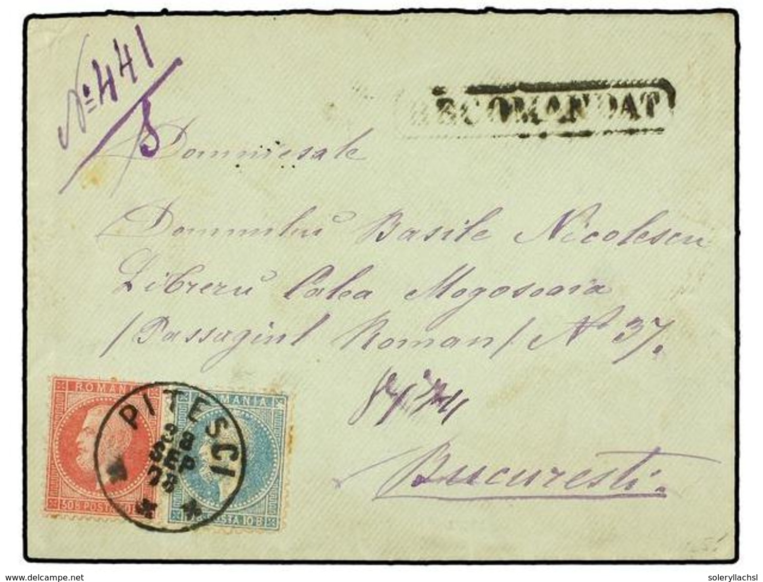 RUMANIA. Yv.42, 45. 1878. PITESCI A BUCAREST. 10 B. Azul Y 50 B. Rosa, Carta Certificada. MAGNÍFICA. - Sonstige & Ohne Zuordnung