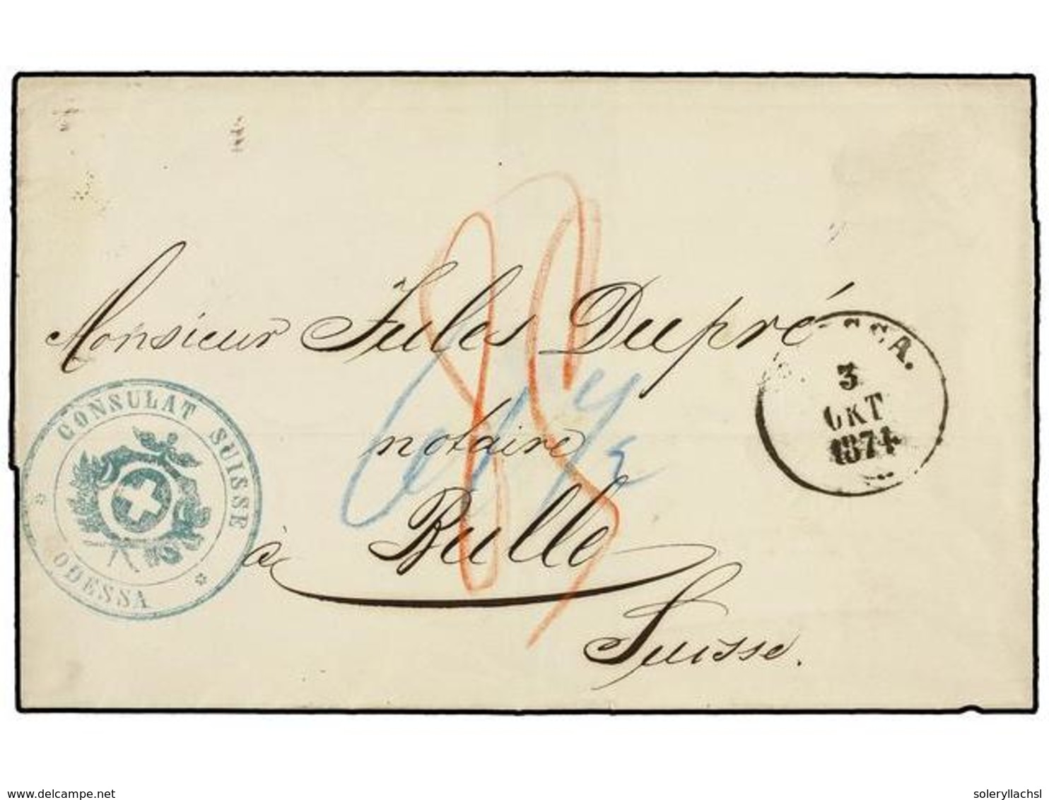 RUSIA. 1874. ODESSA To RULLE (Switzerland) With CONSULAT SUISSE/ODESSA Blue Mark. - Otros & Sin Clasificación