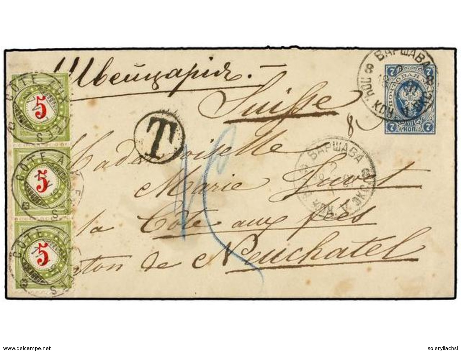 RUSIA. 1897. Postal Stationary Envelope Of 7 K. Blue To SWITZERLAND, Taxed On Arrival With 5 + 5 + 5 Cts. Swiss Stamps. - Altri & Non Classificati
