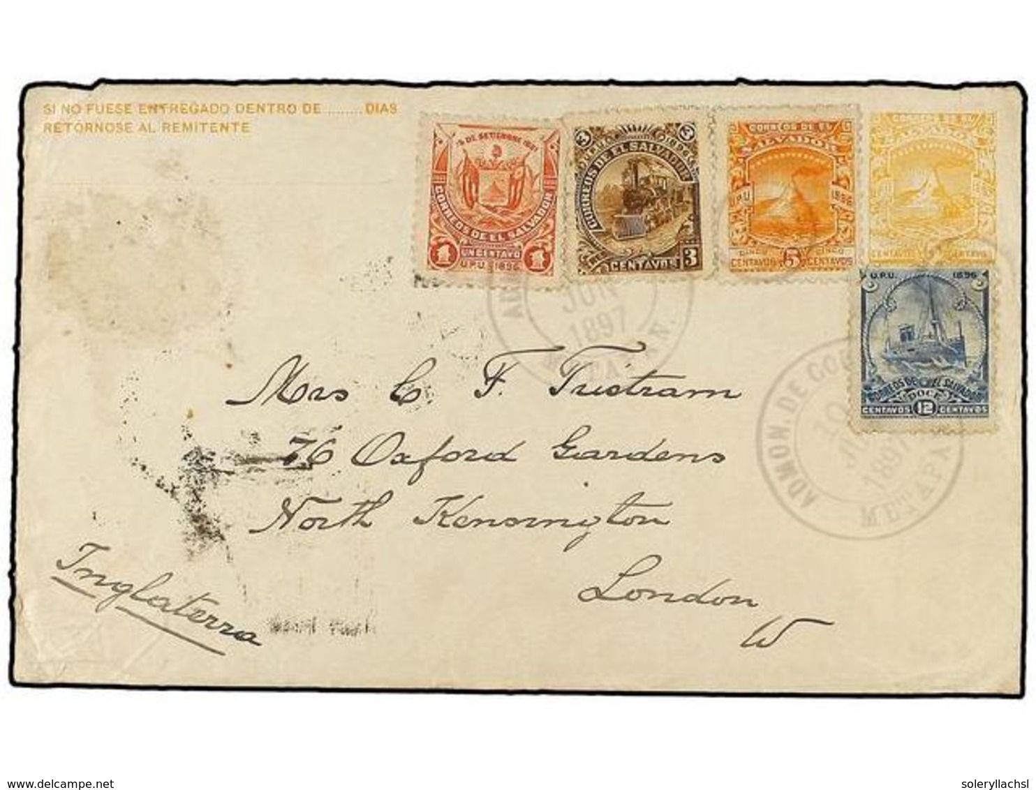SALVADOR. 1897. 5 C. Postal Stationery Envelope (H & G 62b) Used To LONDON Uprated By 1 C., 3 C., 5 C. & 12 C. The 26 C. - Sonstige & Ohne Zuordnung
