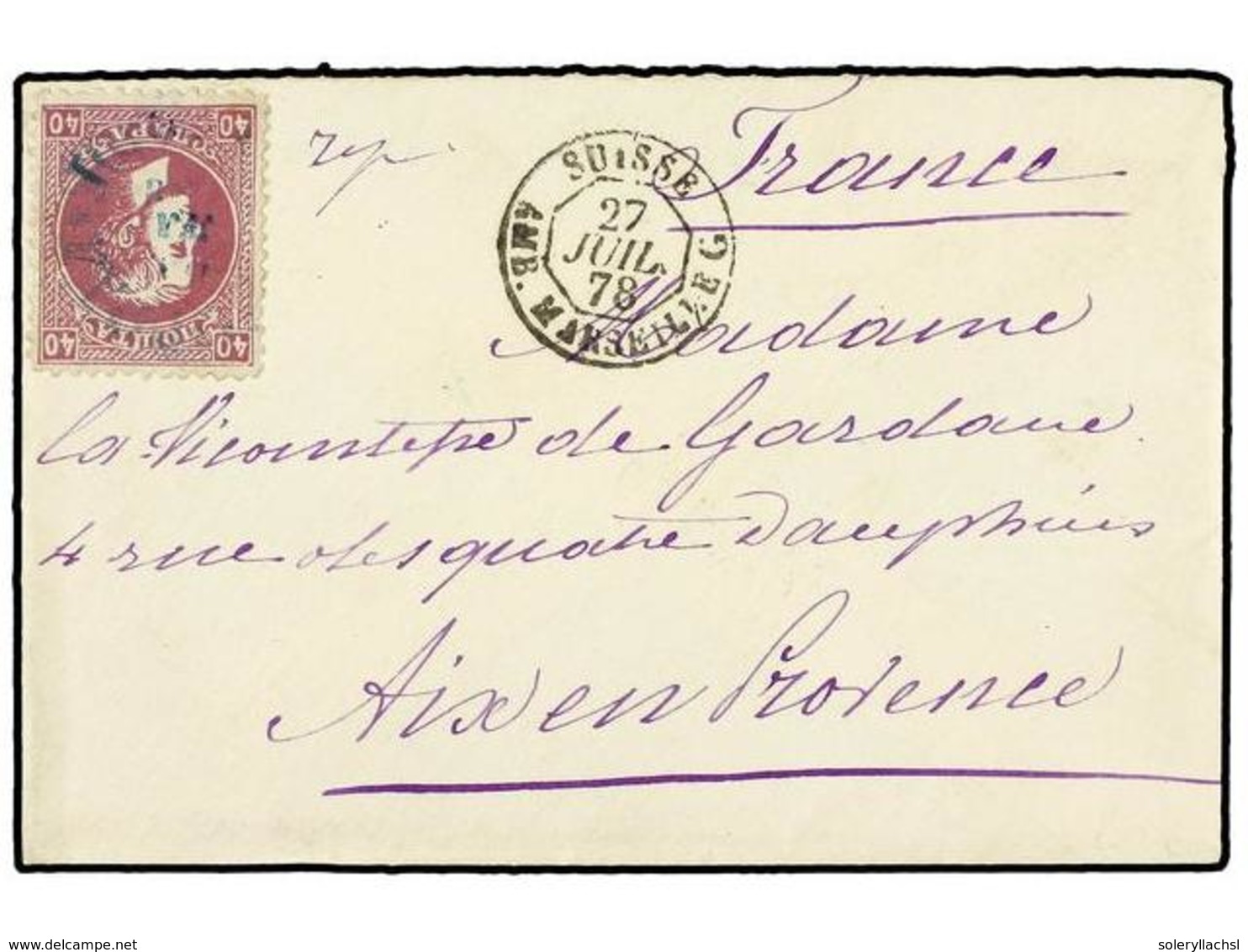 SERBIA. Sg.44. 1878. Cover From BELGRADE To FRANCE Franked By 1869-80 Milan 40p. Mauve, Perf. 12 (printing Of 1876), Tie - Andere & Zonder Classificatie