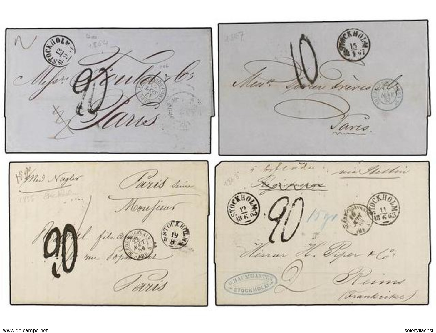 SUECIA. 1856-64. STOCKHOLM A FRANCIA. Cuatro Cartas Fechadores De Entrada Por ERQUELINES Y QUIEVRAIN. - Sonstige & Ohne Zuordnung