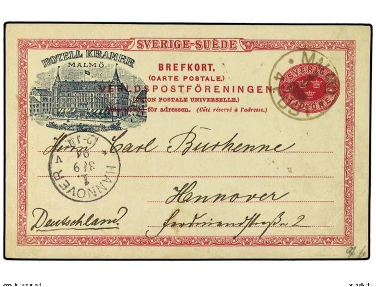 SUECIA. 1894. Illustrated Advertising 10 Ore Postal Stationery Card For Hotel Kramer, Malmo, Sent To Hannover, Germany.  - Andere & Zonder Classificatie