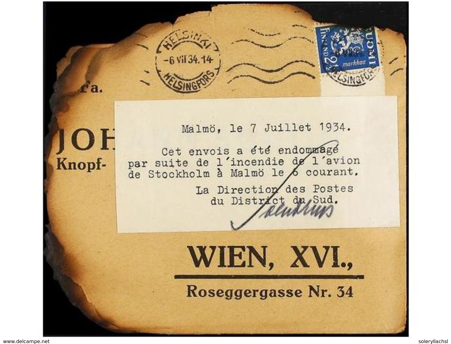 SUECIA. 1934. HELSINKI To WIEN. CRASH MAIL. Cover Crashed Flying From Stockholm To Malmo. The Cover (demaged By Fire) Wa - Sonstige & Ohne Zuordnung