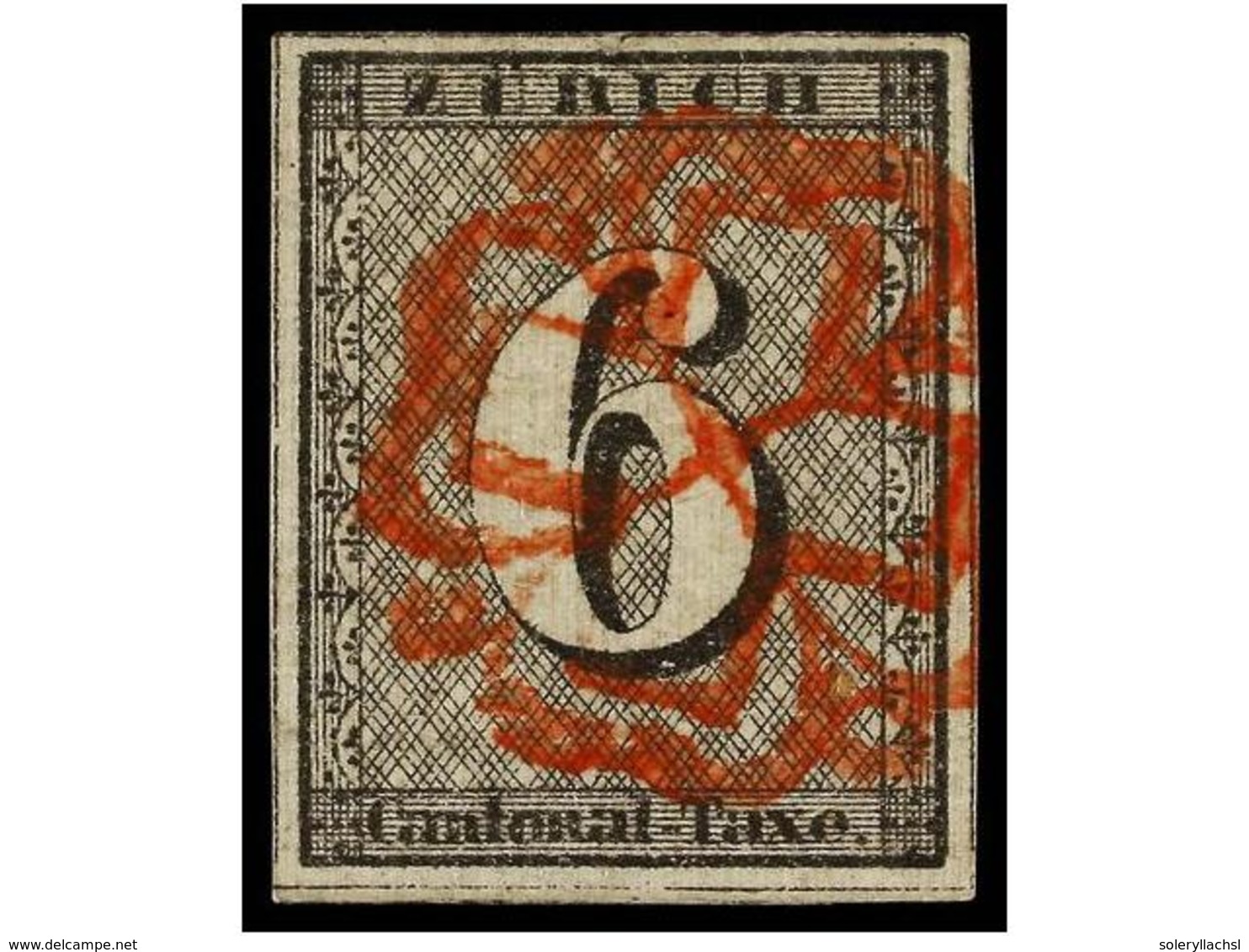 ° SUIZA. Zu.2s. 1843. 6 Rp. Black Type III Tied By Red 'Rosette'. VERY FINE. Cert. E. RELLSTAB And SORANI. - Altri & Non Classificati