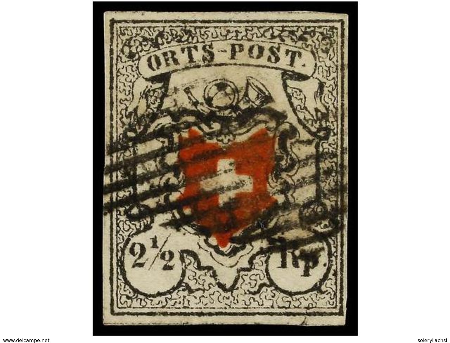 ° SUIZA. Yv.13. 1850. 2 1/2 Rp. Negro Y Rojo, Márgenes Completos. - Sonstige & Ohne Zuordnung