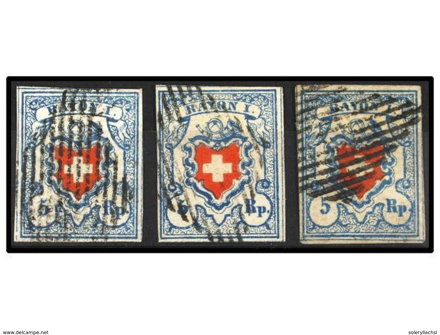 ° SUIZA. Zu.17 (3). 1851. 5 Rp. Blue And Red, Tied By BLACK GRILL. One Cert. H. RENGGLI. VERY FINE. - Otros & Sin Clasificación