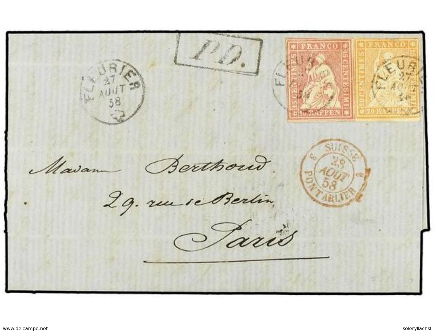 SUIZA. 1858 (Aug 27). Entire Letter To Paris Franked By Fine 1854-62 15r. Rose And 20r. Orange-yellow Tied By Neat 'Fleu - Altri & Non Classificati
