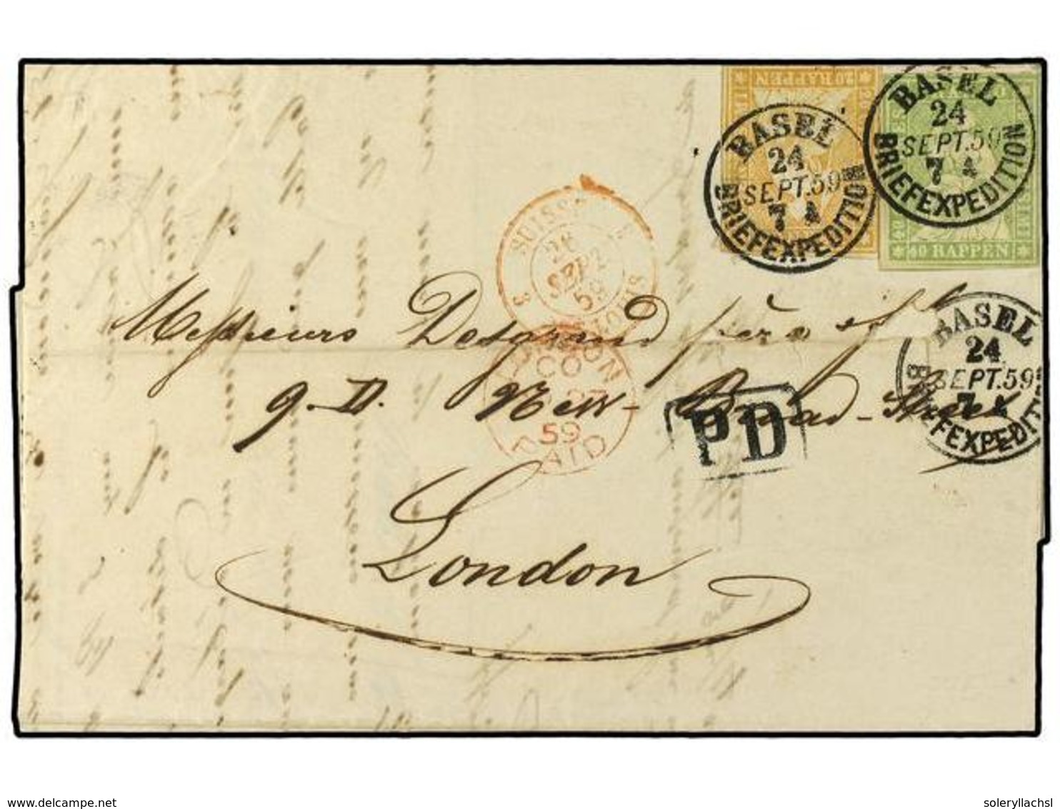 SUIZA. 1859. Cover From Basel To London Franked By 1854-57 20 R. Orange And 40 R. Pale Green Tied By Basel Cds's (Sept 2 - Sonstige & Ohne Zuordnung