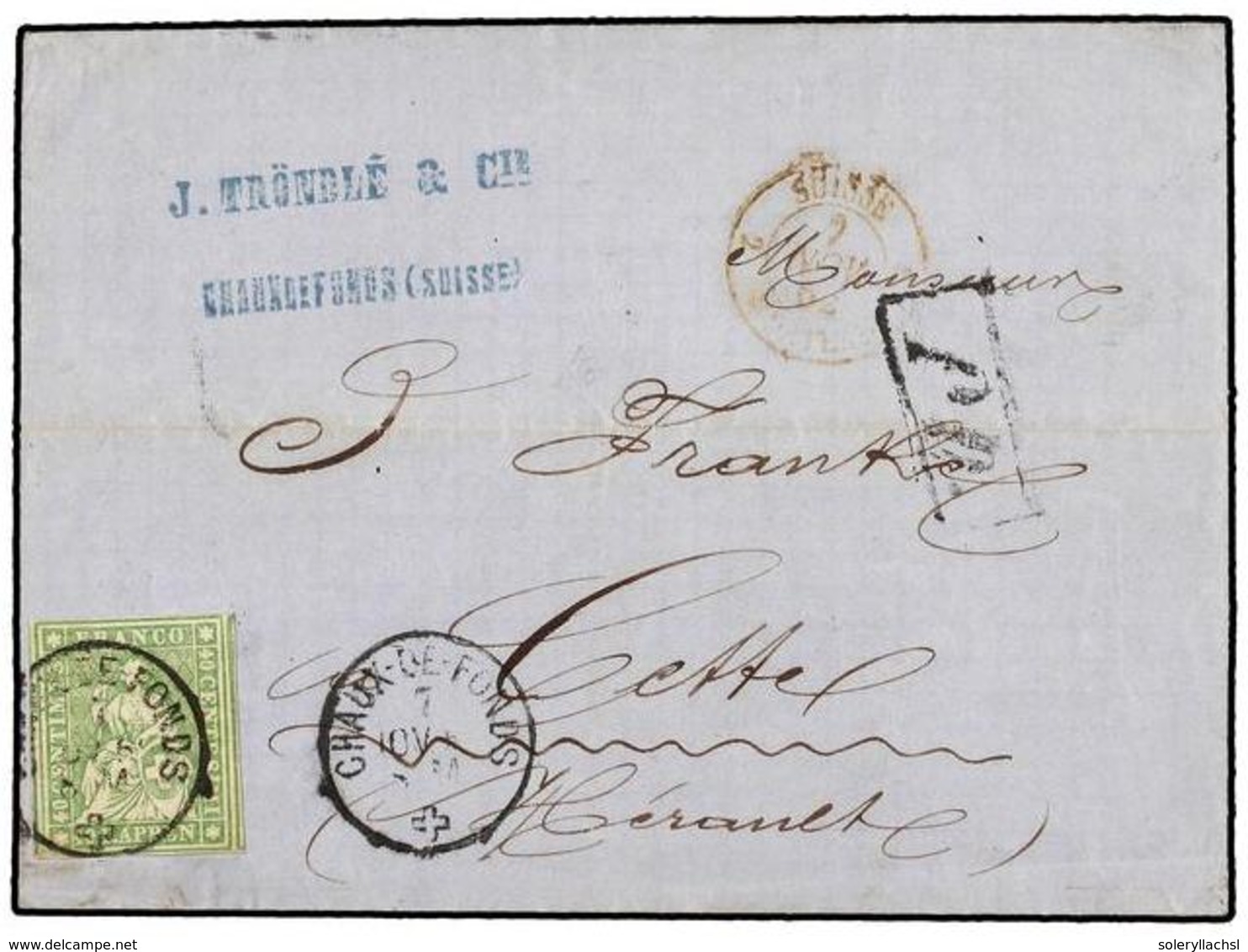 SUIZA. Yv.30. 1862. CHAUX LES FONDS A FRANCIA. 40 Rp. Verde. MUY BONITA. - Sonstige & Ohne Zuordnung