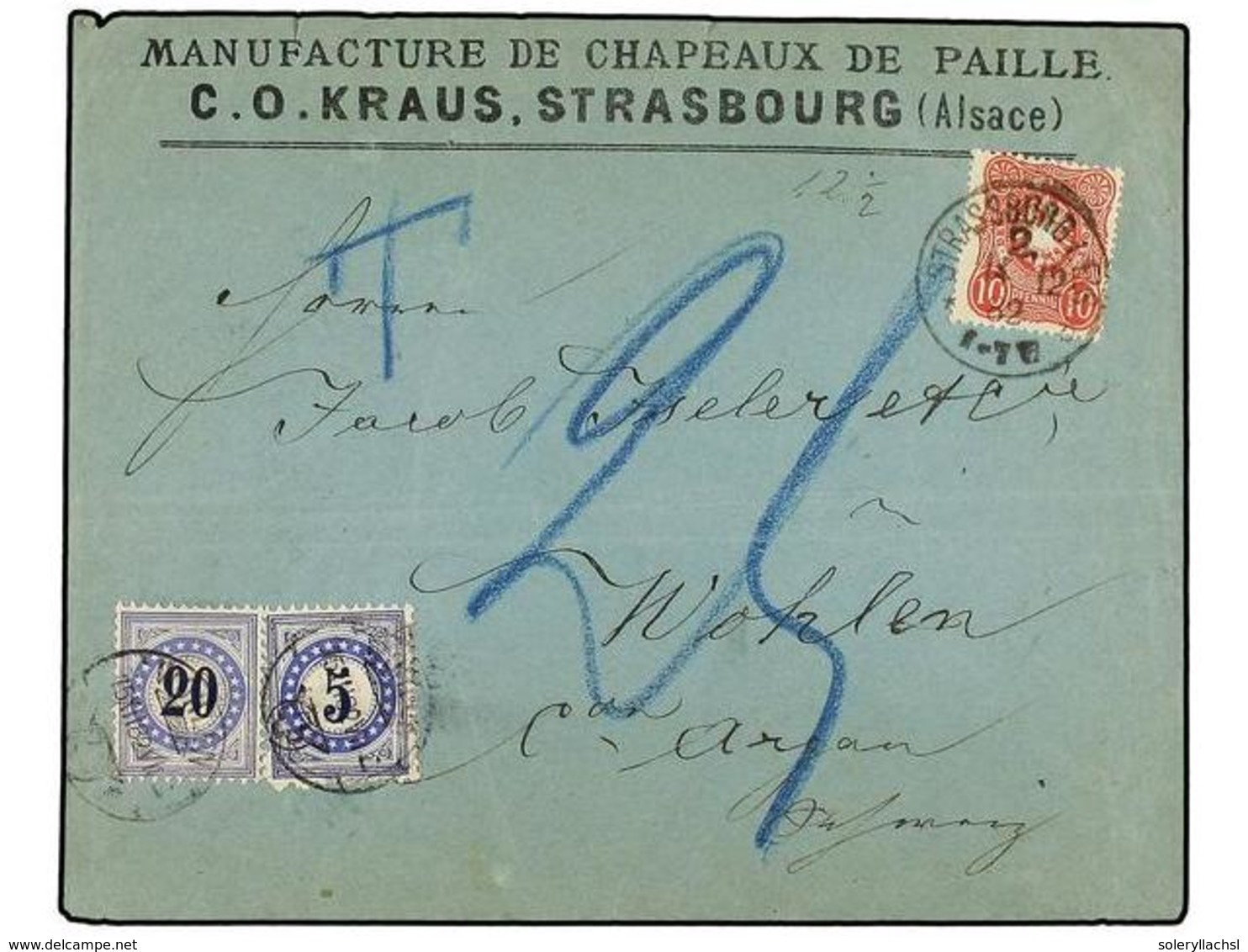 SUIZA. 1882. STRASBOURG (Germany) To WOHLEN. Cover Franked With 10 Pf. Rose German Stamp, Taxed On Arrival With 5 Rp. An - Altri & Non Classificati