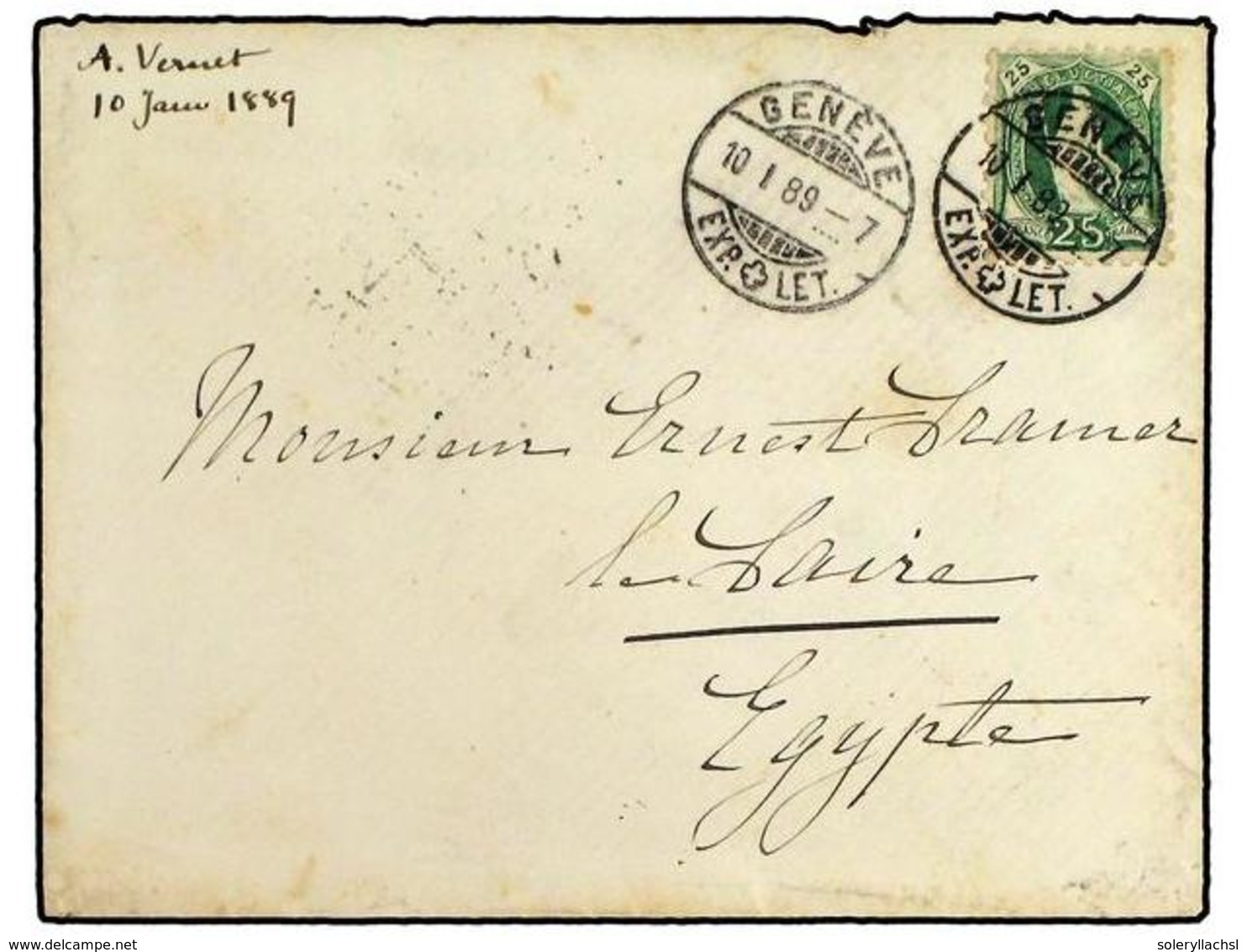 SUIZA. 1888. 25 C. Yellow Green, Perf. 9 1/2 Tied By Neat GENEVA Cds On An 1889 Cover To CAIRO, Egypt (three Backstamps) - Sonstige & Ohne Zuordnung