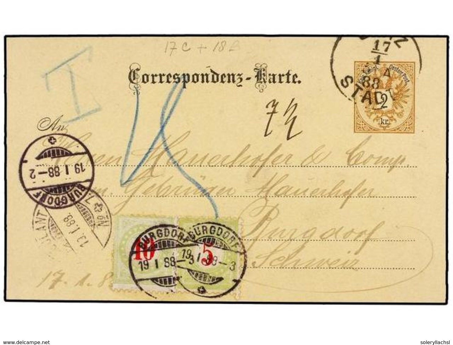 SUIZA. 1888. GRAZ (Austria) To SWITZWERLAND. 2 Kr. Brown Postal Stationary, Taxed On Arrival With Swiss 5 Rp. And 10 Rp. - Sonstige & Ohne Zuordnung