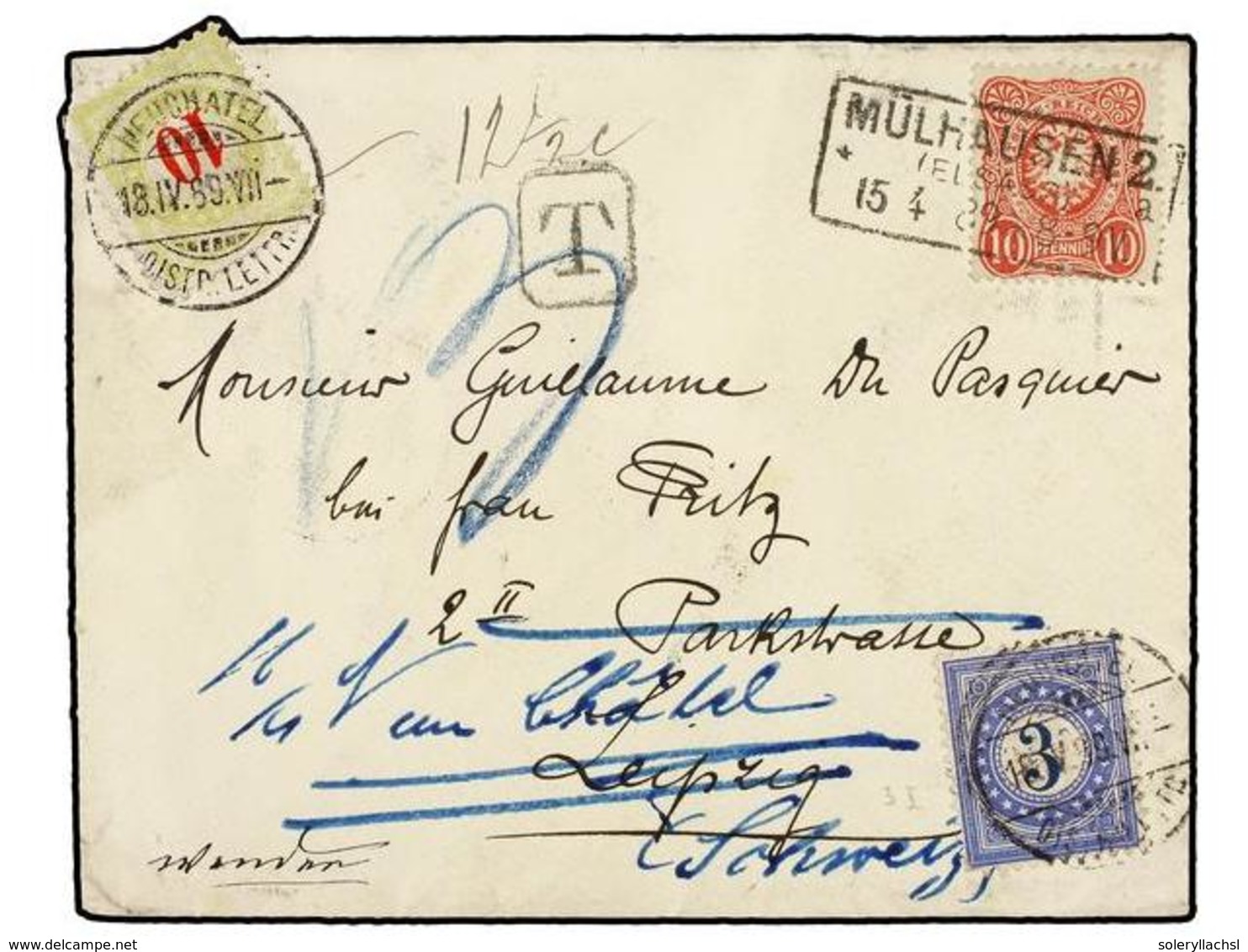 SUIZA. 1889. MULHAUSEN (Alemania) A LEIPZIG Y Reexpedido A SUIZA. 10 Pf. Rojo Tasada A La Llegada Con Sellos Suizos De 3 - Sonstige & Ohne Zuordnung