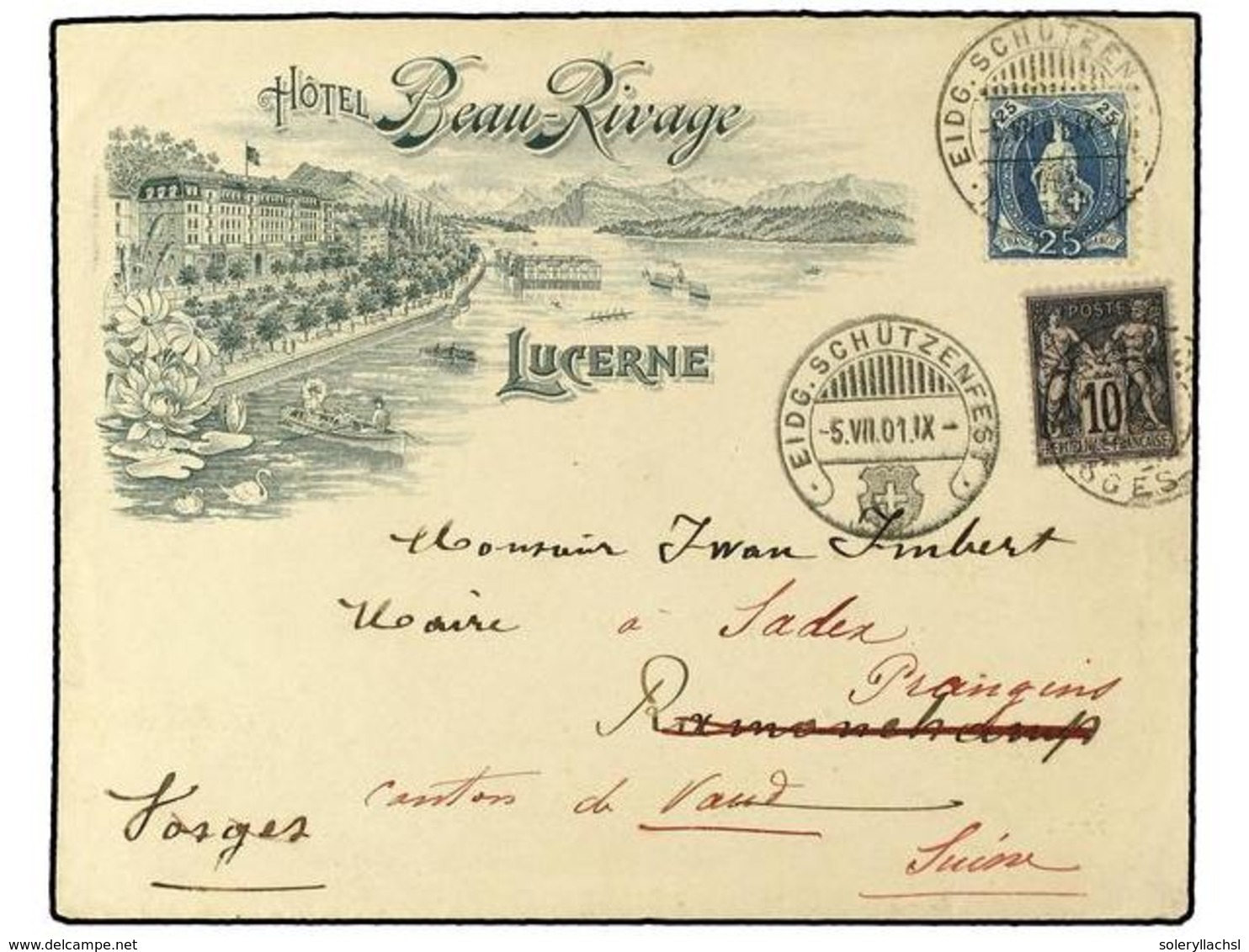 SUIZA. 1901 (Aug 5). 'Hotel Beau-Rivage' Advertising Envelope Used To FRANCE With 25 C. Blue Tied By Superb Strikes Of S - Otros & Sin Clasificación