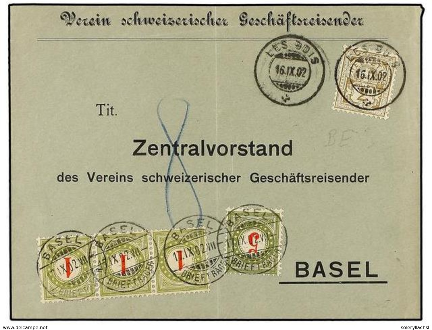 SUIZA. 1902. LES BOIS To BAJEL. 2 Rp. Yellow Brown, Taxed On Arrival With 1 Rp. (3) And 5 Rp. Green And Red Stamps. - Sonstige & Ohne Zuordnung