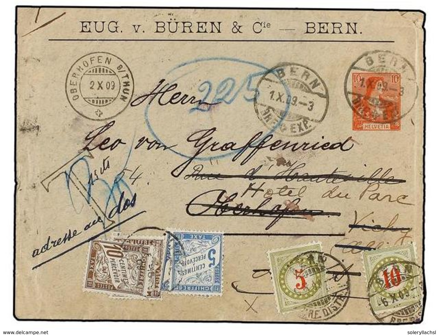 SUIZA. 1909. BERN A FRANCIA. Entero Postal De 10 Cts.  Rojo Reexpedido Varias Veces, Tasado Con Sellos Suizos De 5 Cts.  - Altri & Non Classificati