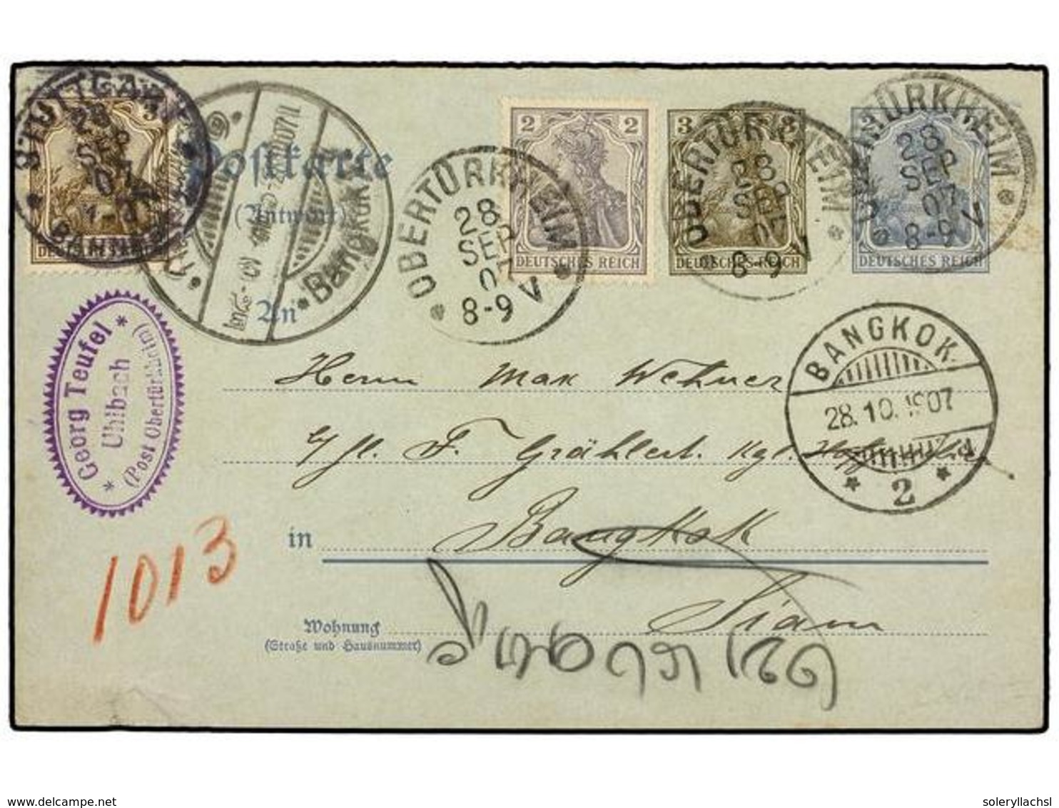 TAILANDIA. 1907. 2pf. Grey + 3pf. Brown Postal Stationery Card Mailed To BANGKOK And Up-rated With 2pf. Grey And 3pf. Br - Altri & Non Classificati