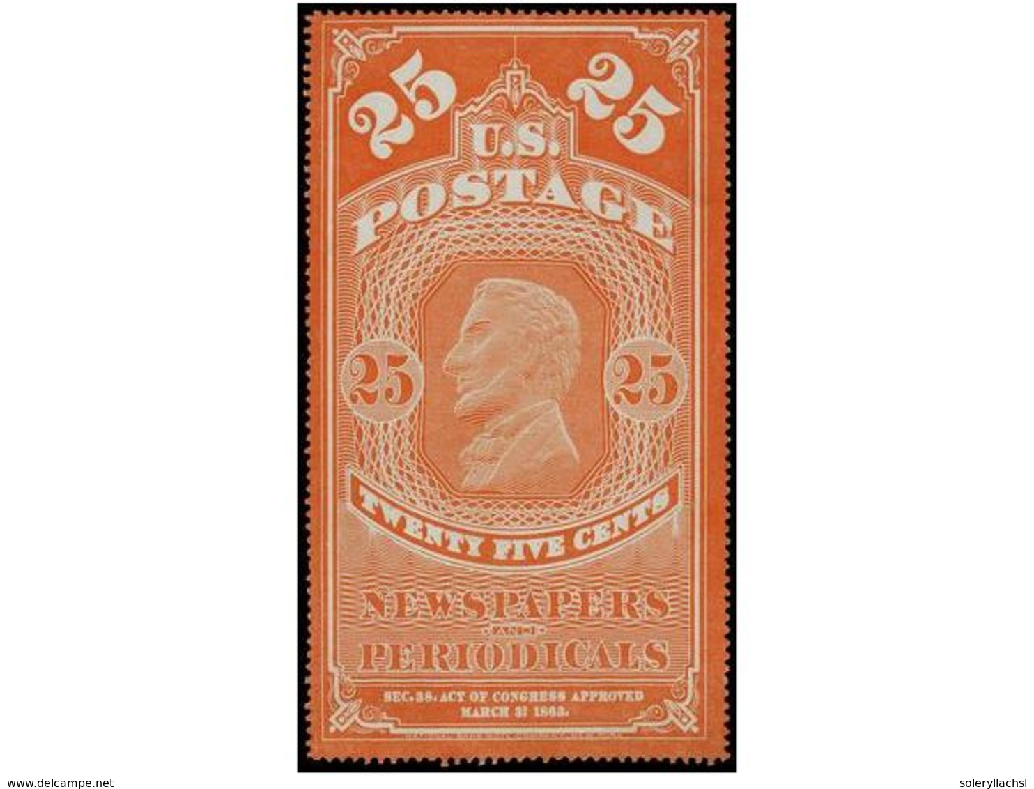 (*) ESTADOS UNIDOS. Sc.PR3. 1865. NEWSPAPERS. 25 Cents. Orange, Usual Without Gum. Without Faults. RARE. Scott.400$. - Altri & Non Classificati