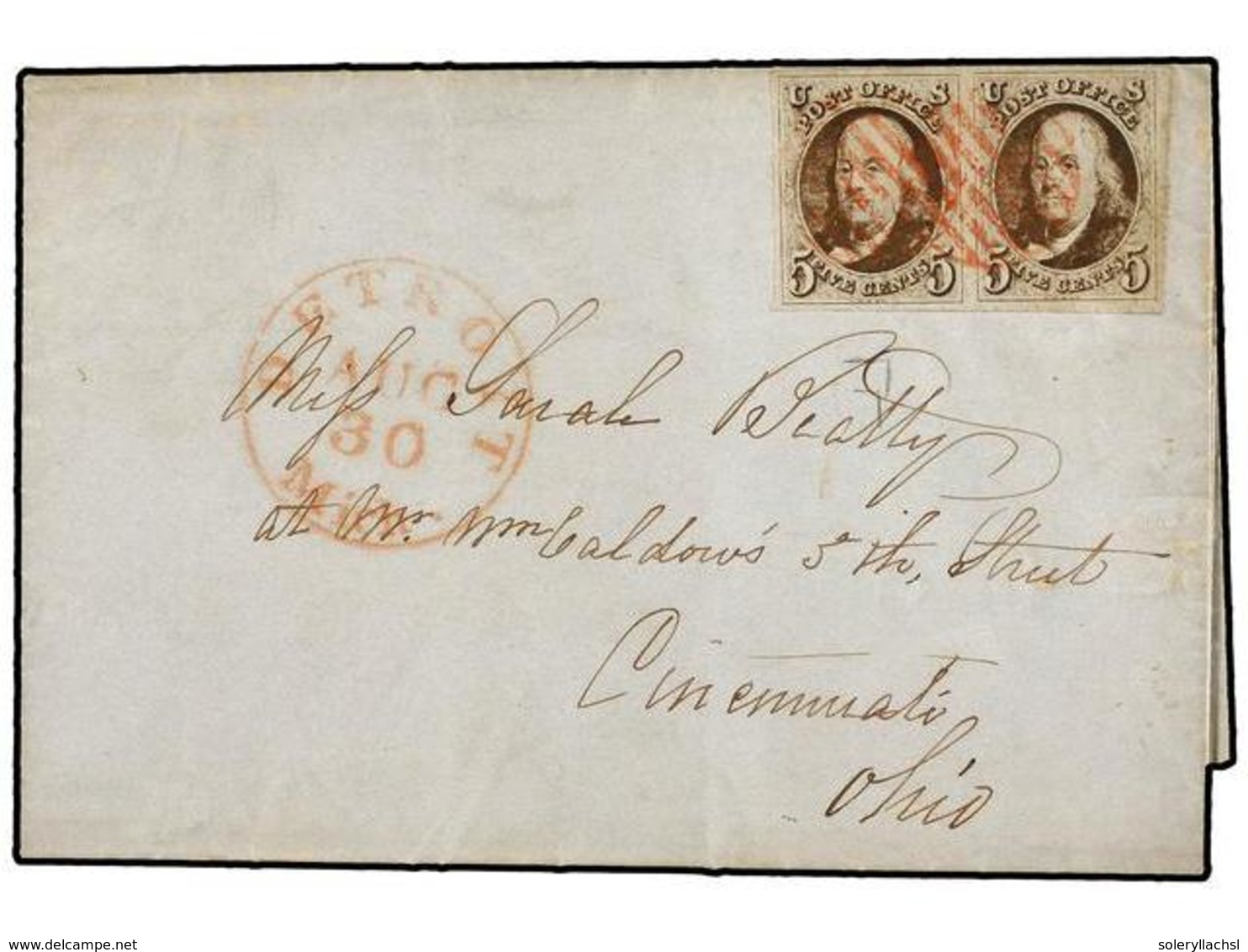 ESTADOS UNIDOS. Yv.1 (2). 1848. DETROIT To CINCINNATI. 5 Cts. Brown Pair Tied By RED GRILL Cancel. VERY FINE. Cert. F. F - Altri & Non Classificati