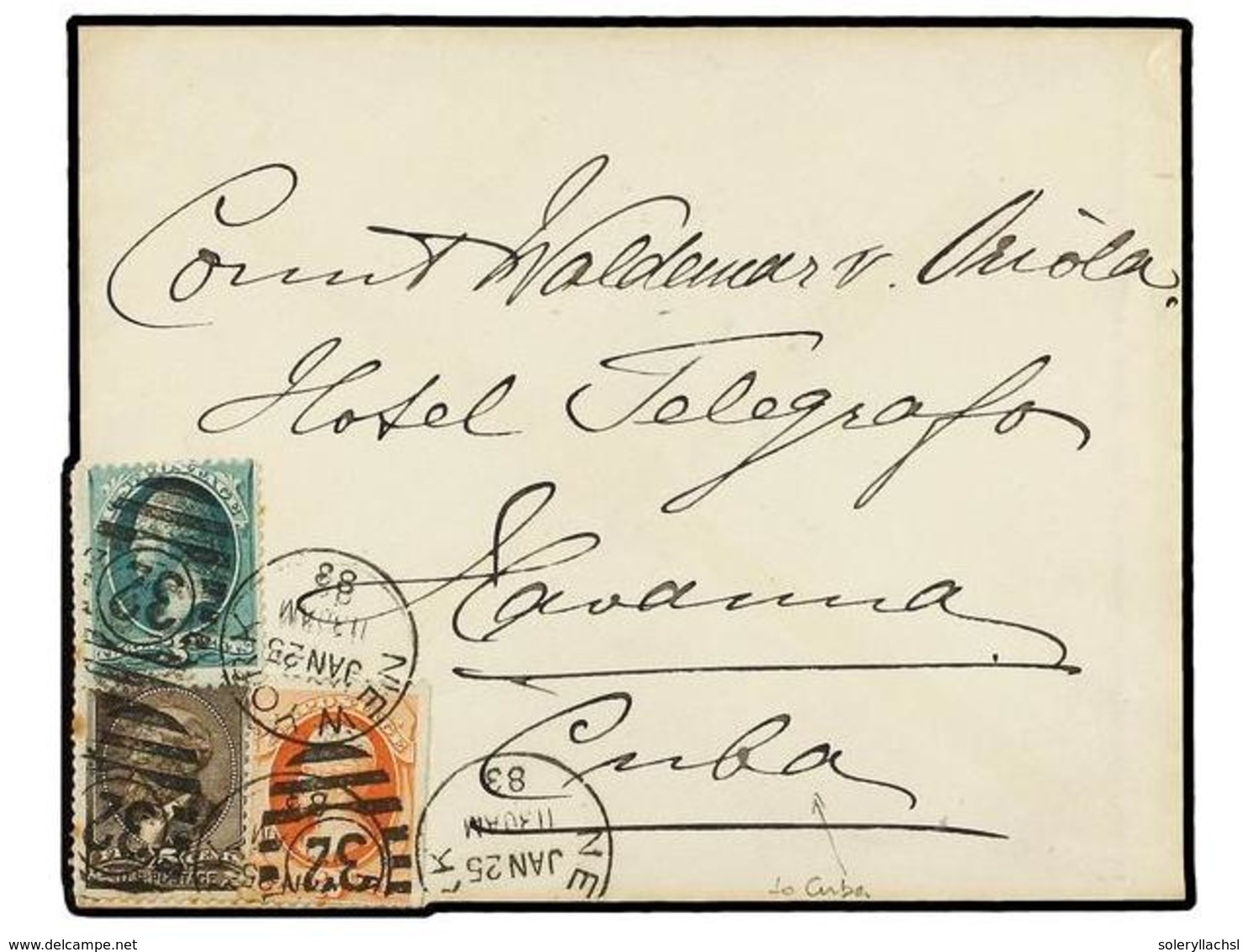 ESTADOS UNIDOS. Sc.183, 205, 207. 1883 (Jan 25). Cover From NEW YORK To HAVANA (Cuba), Bearing 1882 Garfield 5c. Brown A - Sonstige & Ohne Zuordnung