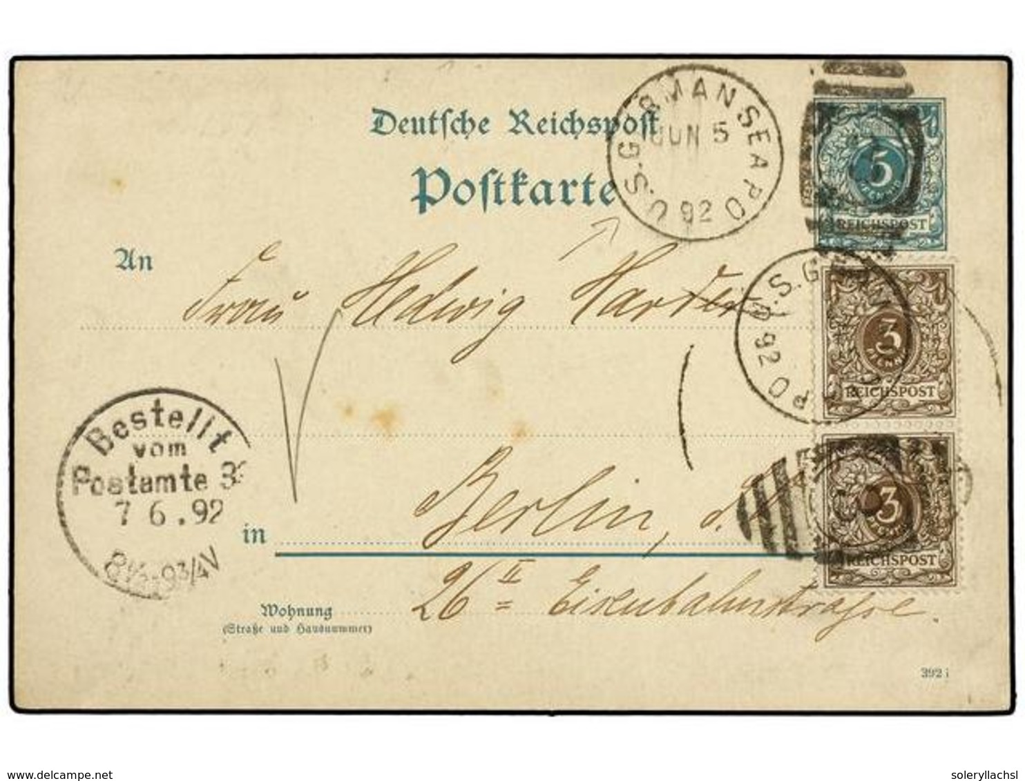 ESTADOS UNIDOS. 1892. NEW YORK To BERLIN. German Reply Card Of 5 Pf. Green Uprated With Two 3 P. Brown German Stamps Can - Altri & Non Classificati