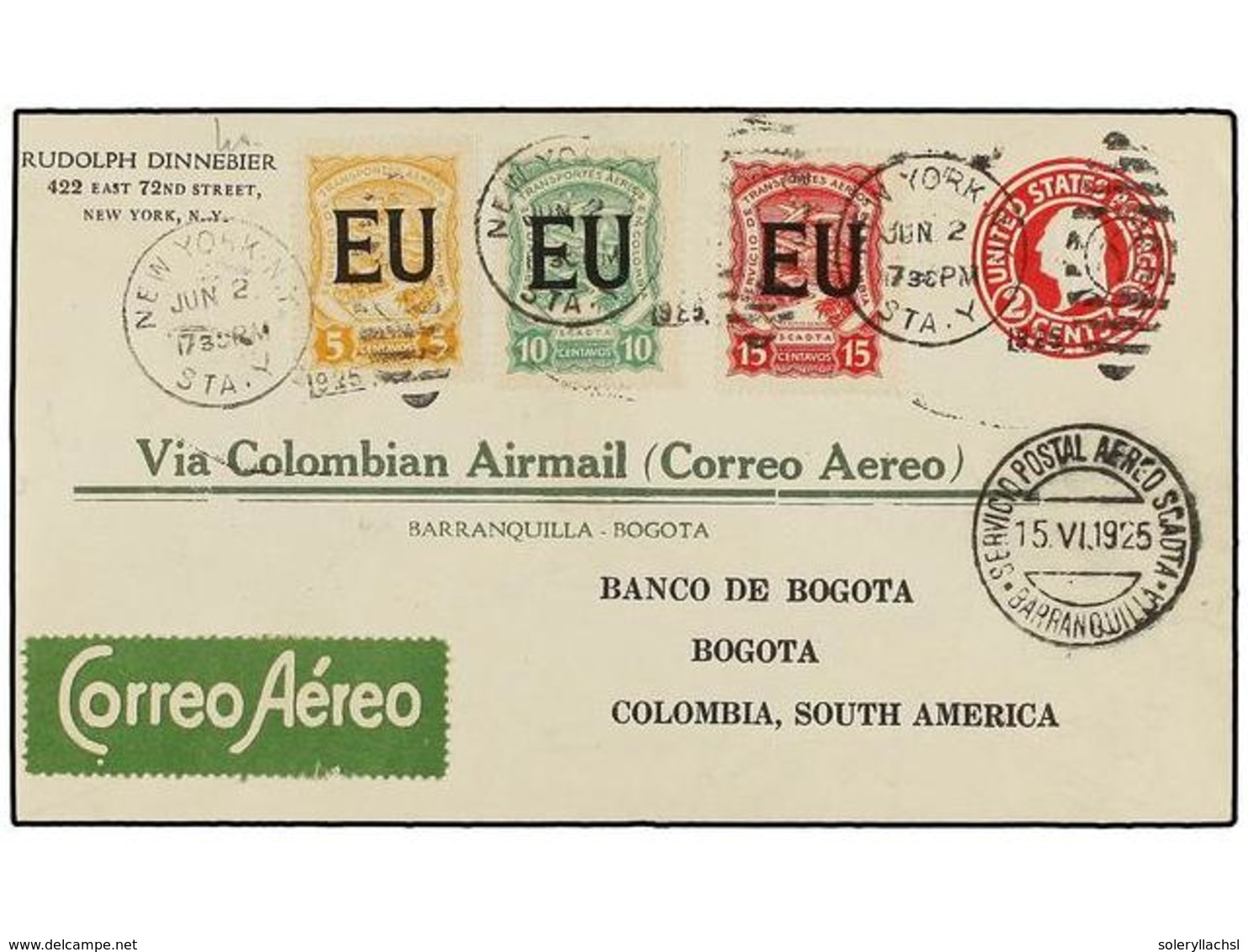 ESTADOS UNIDOS. 1925. NEW YORK To BOGOTÁ. 2 Cents. Red Envelope Sent Via SCADTA With Special Stamps Of 5 Cts. Yellow, 10 - Altri & Non Classificati